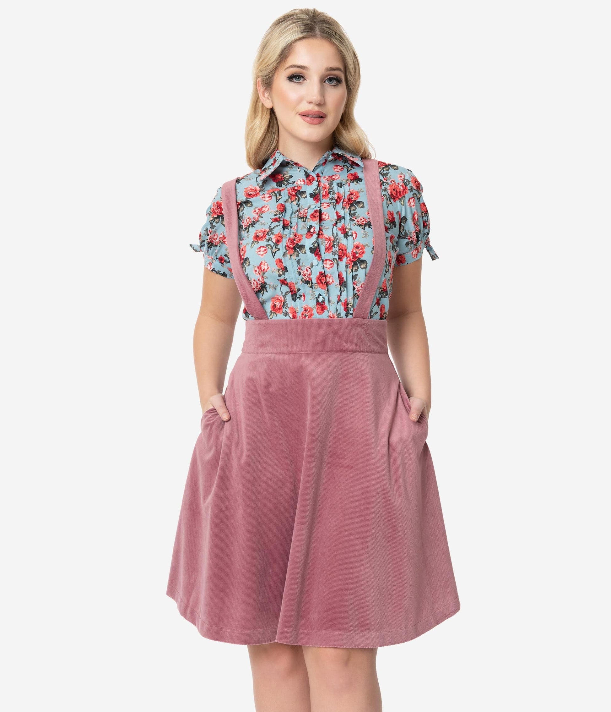 Unique Vintage 1960s Rose Pink Suspender Ruth Flare Skirt