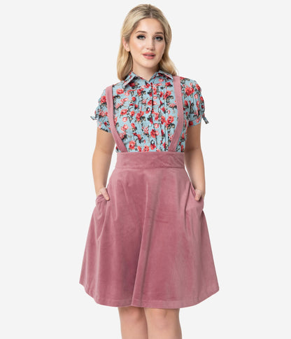 Unique Vintage 1960s Rose Pink Suspender Ruth Flare Skirt