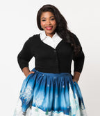 Plus Size Black Three-Quarter Sleeve Button Up Crop Cardigan