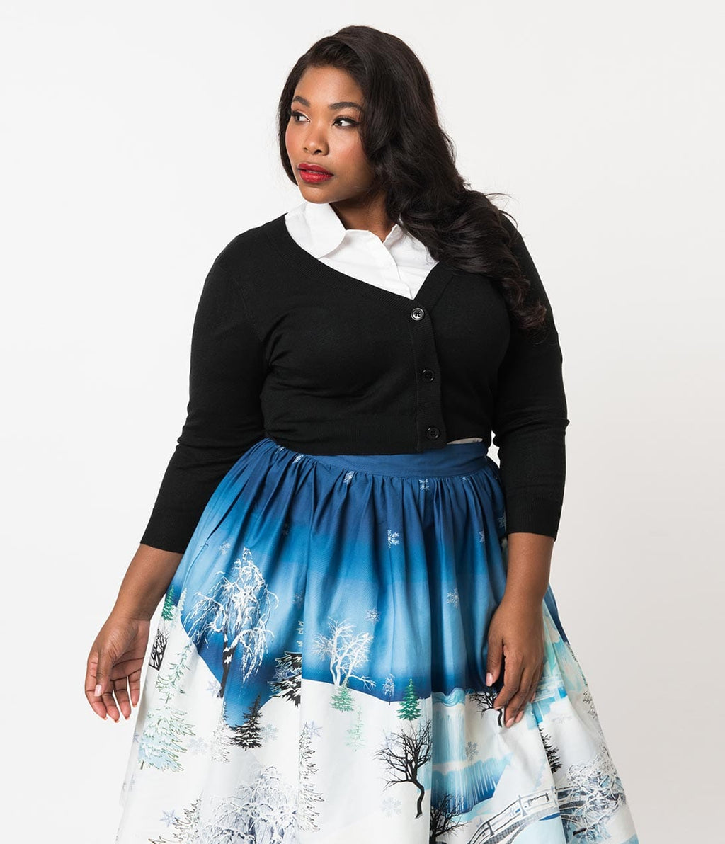 Plus Size Black Three-Quarter Sleeve Button Up Crop Cardigan