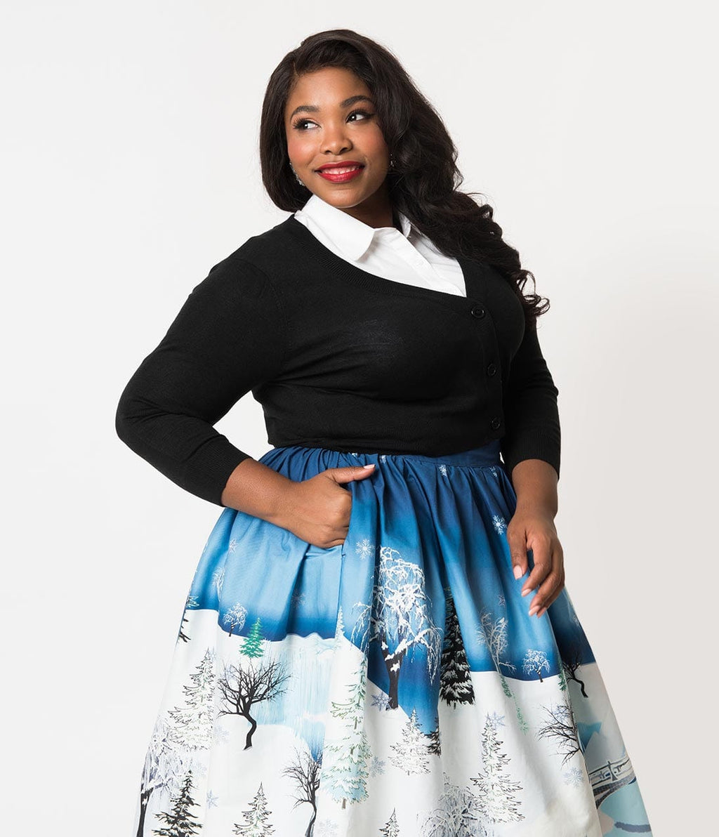 Plus Size Black Three-Quarter Sleeve Button Up Crop Cardigan