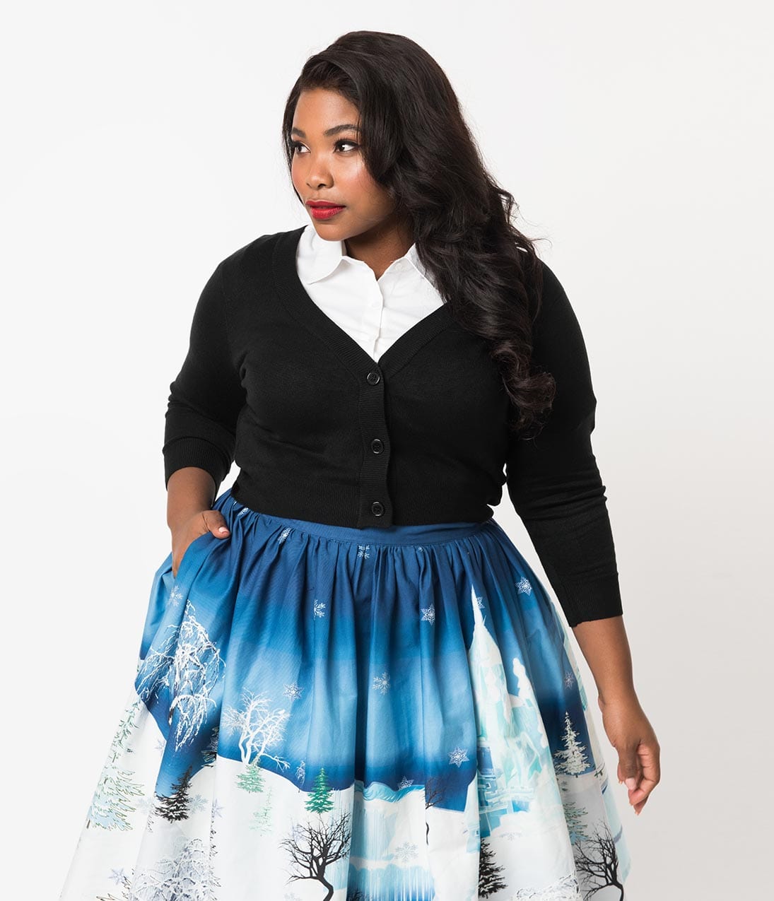 Plus Size Black Three-Quarter Sleeve Button Up Crop Cardigan