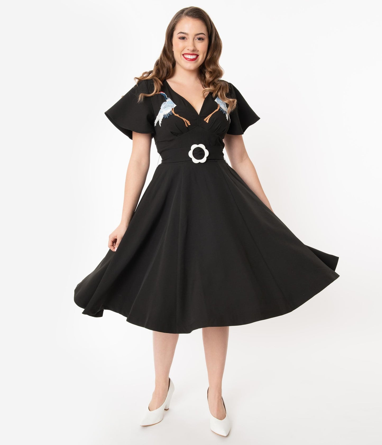 1950s Unique Vintage Black & Embroidered Crane Kay Swing Dress