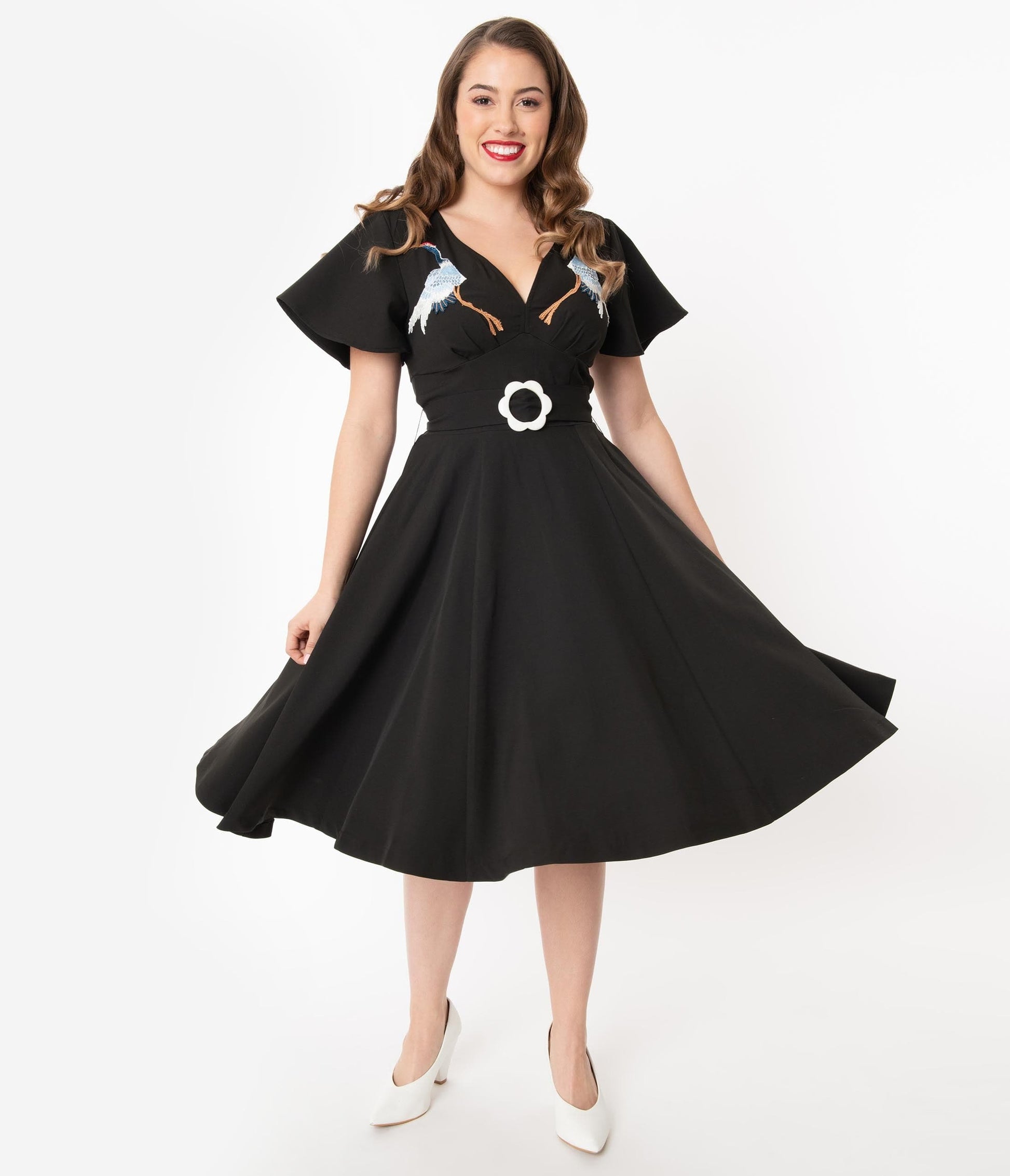 1950s Unique Vintage Black & Embroidered Crane Kay Swing Dress