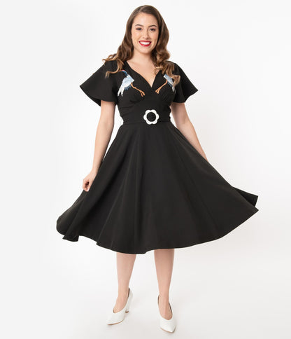 1950s Unique Vintage Black & Embroidered Crane Kay Swing Dress