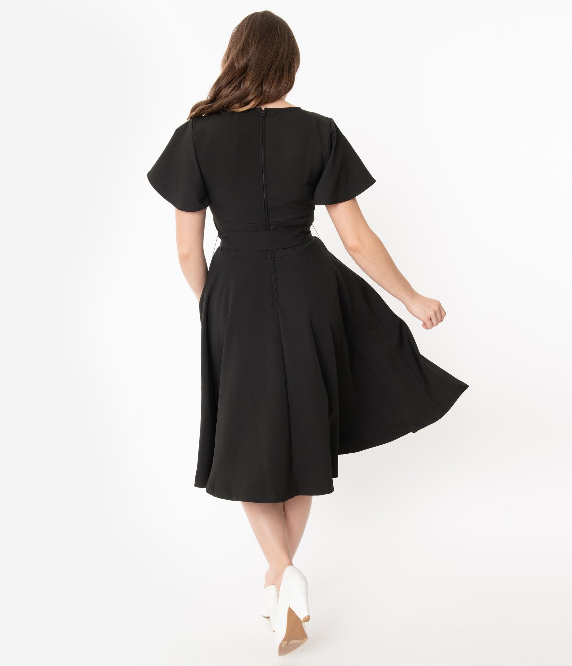 1950s Unique Vintage Black & Embroidered Crane Kay Swing Dress