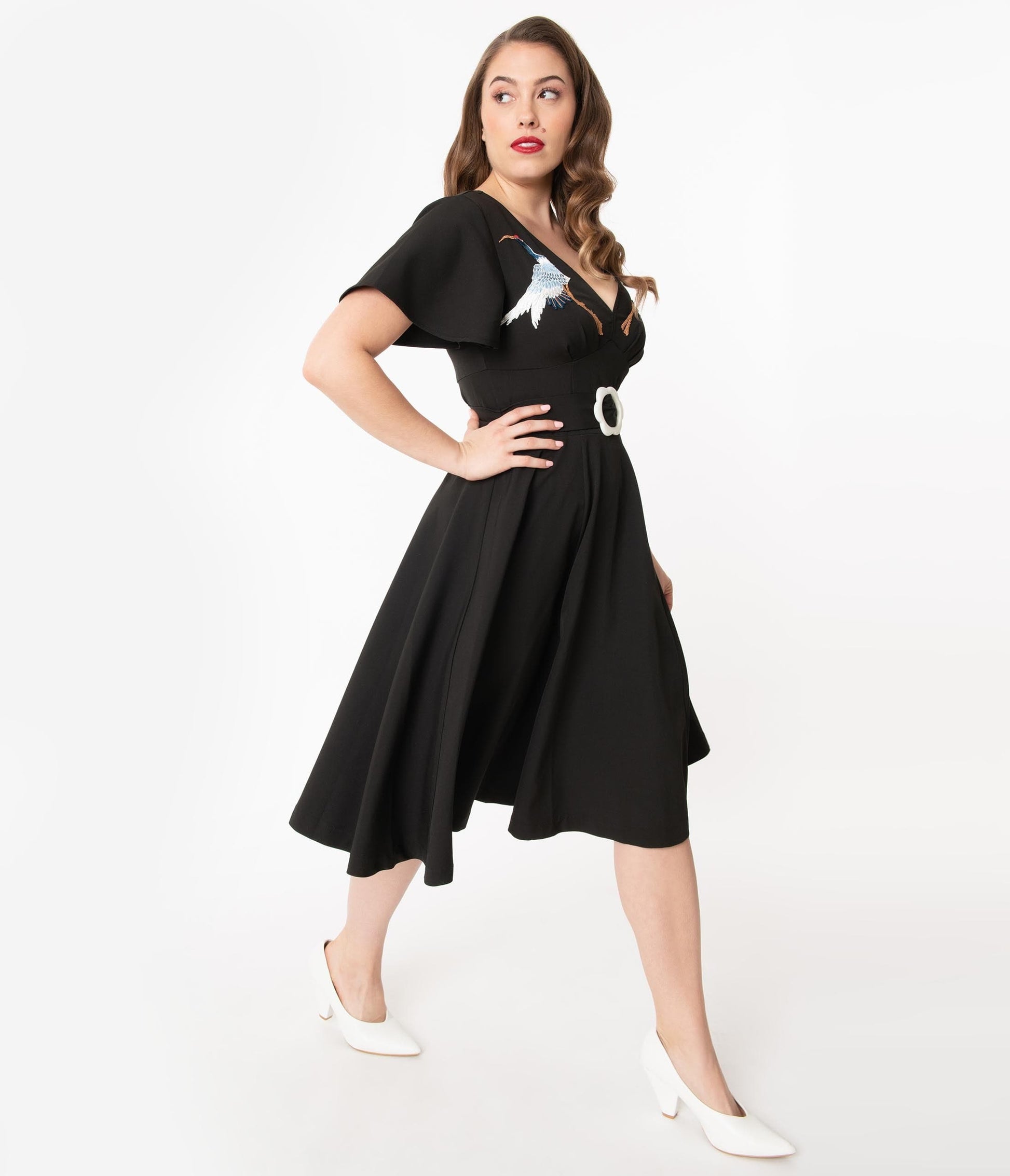 1950s Unique Vintage Black & Embroidered Crane Kay Swing Dress