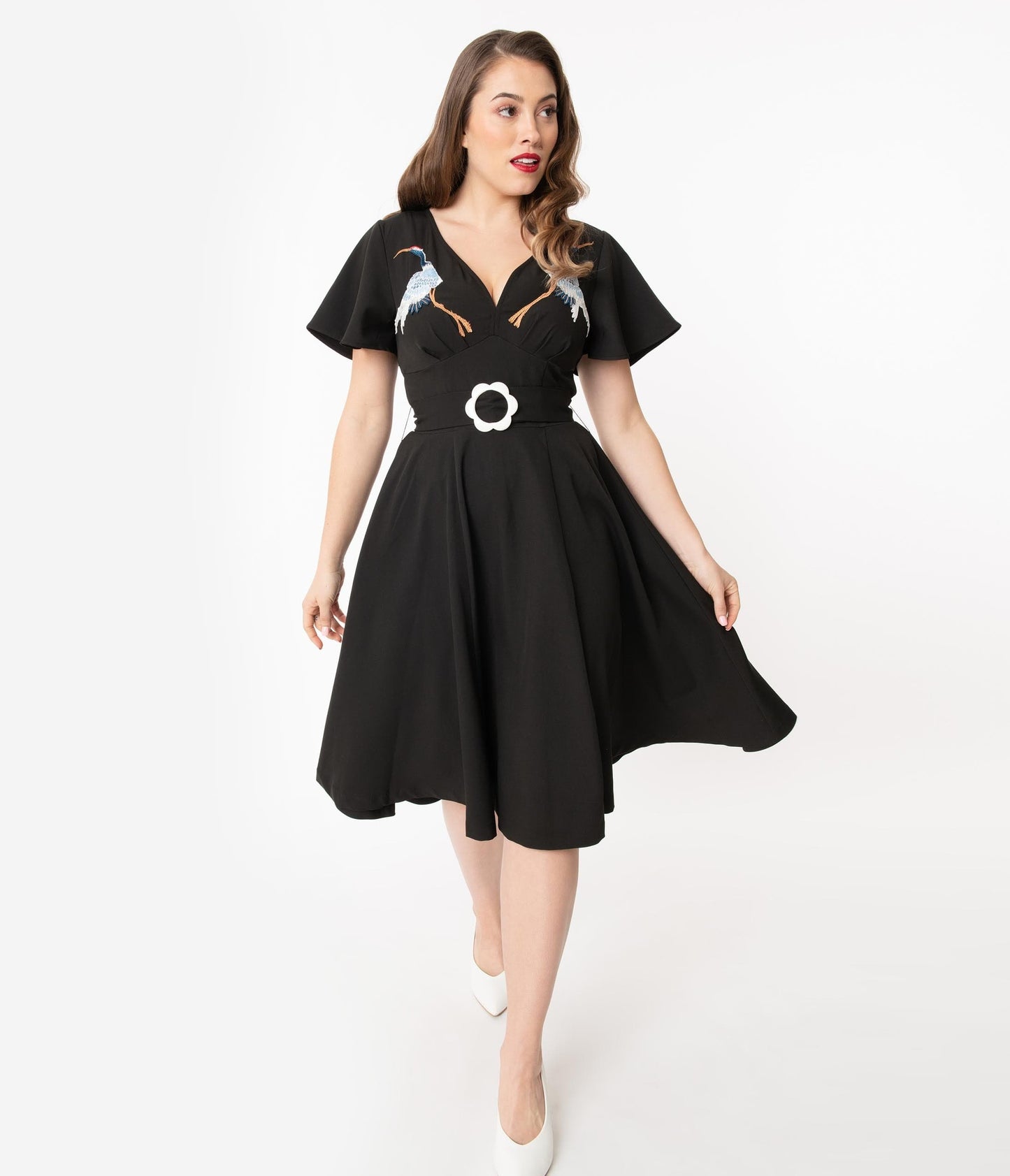 1950s Unique Vintage Black & Embroidered Crane Kay Swing Dress
