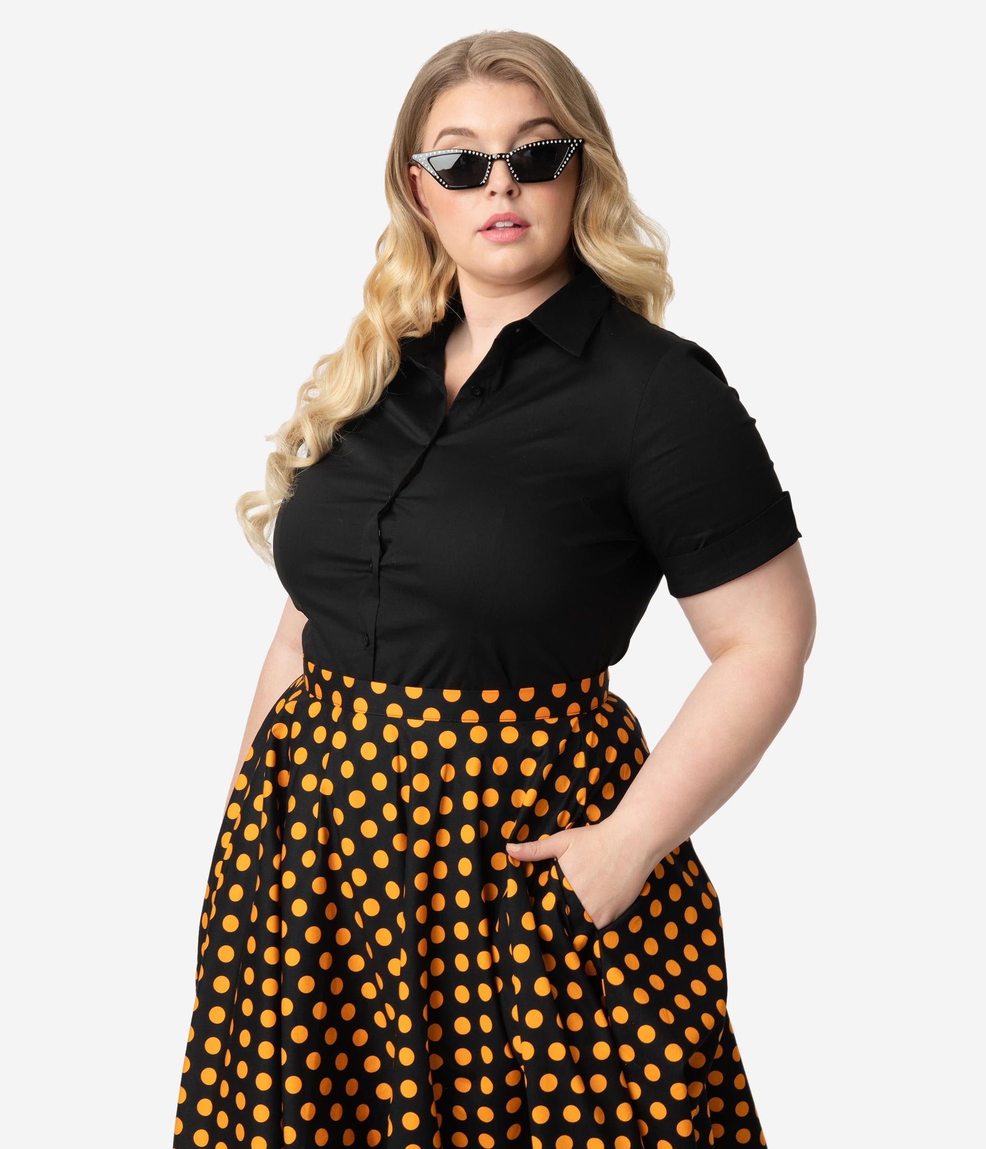Plus Size Black Collared Short Sleeve Cotton Button Up Blouse