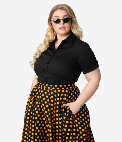 Plus Size Black Collared Short Sleeve Cotton Button Up Blouse