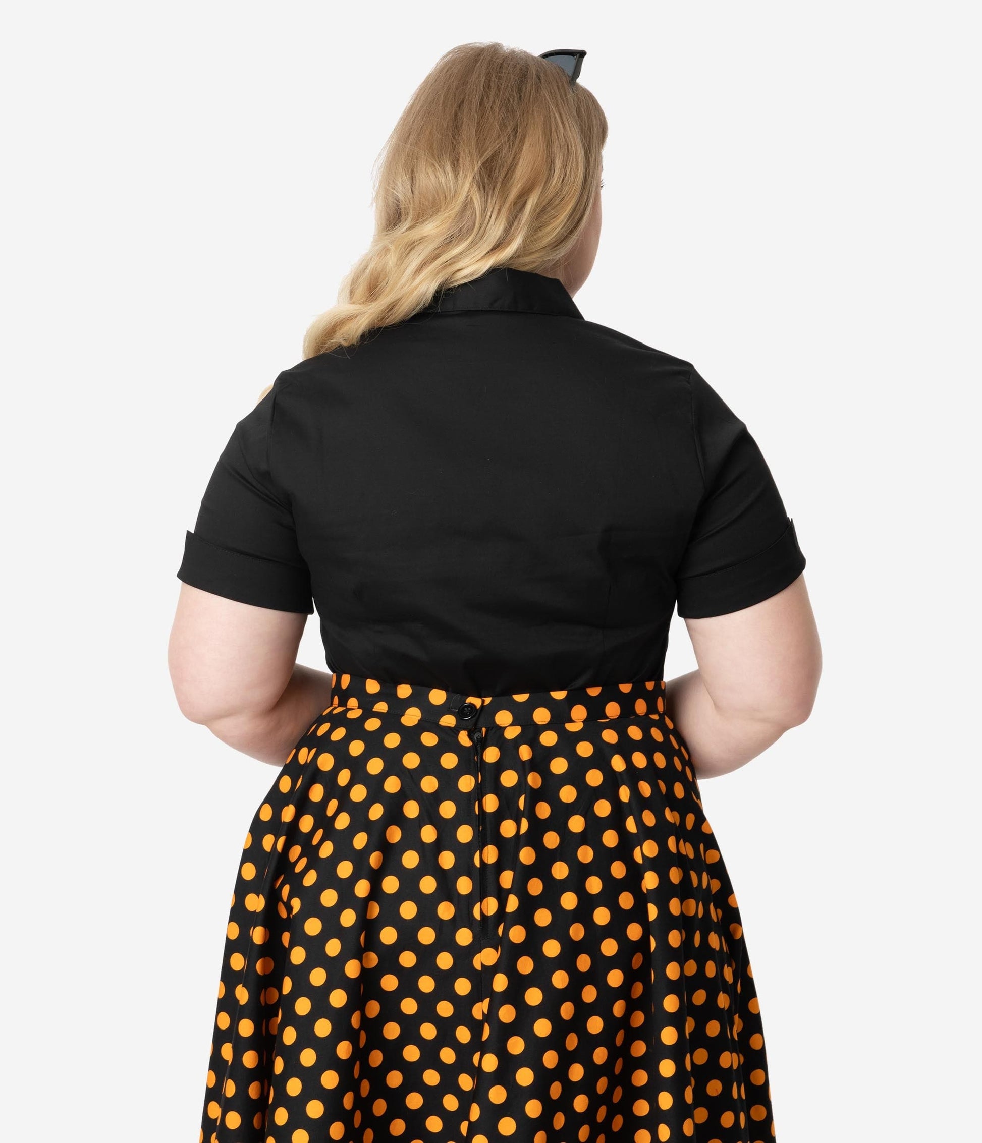 Plus Size Black Collared Short Sleeve Cotton Button Up Blouse