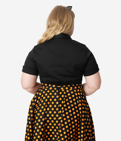 Plus Size Black Collared Short Sleeve Cotton Button Up Blouse