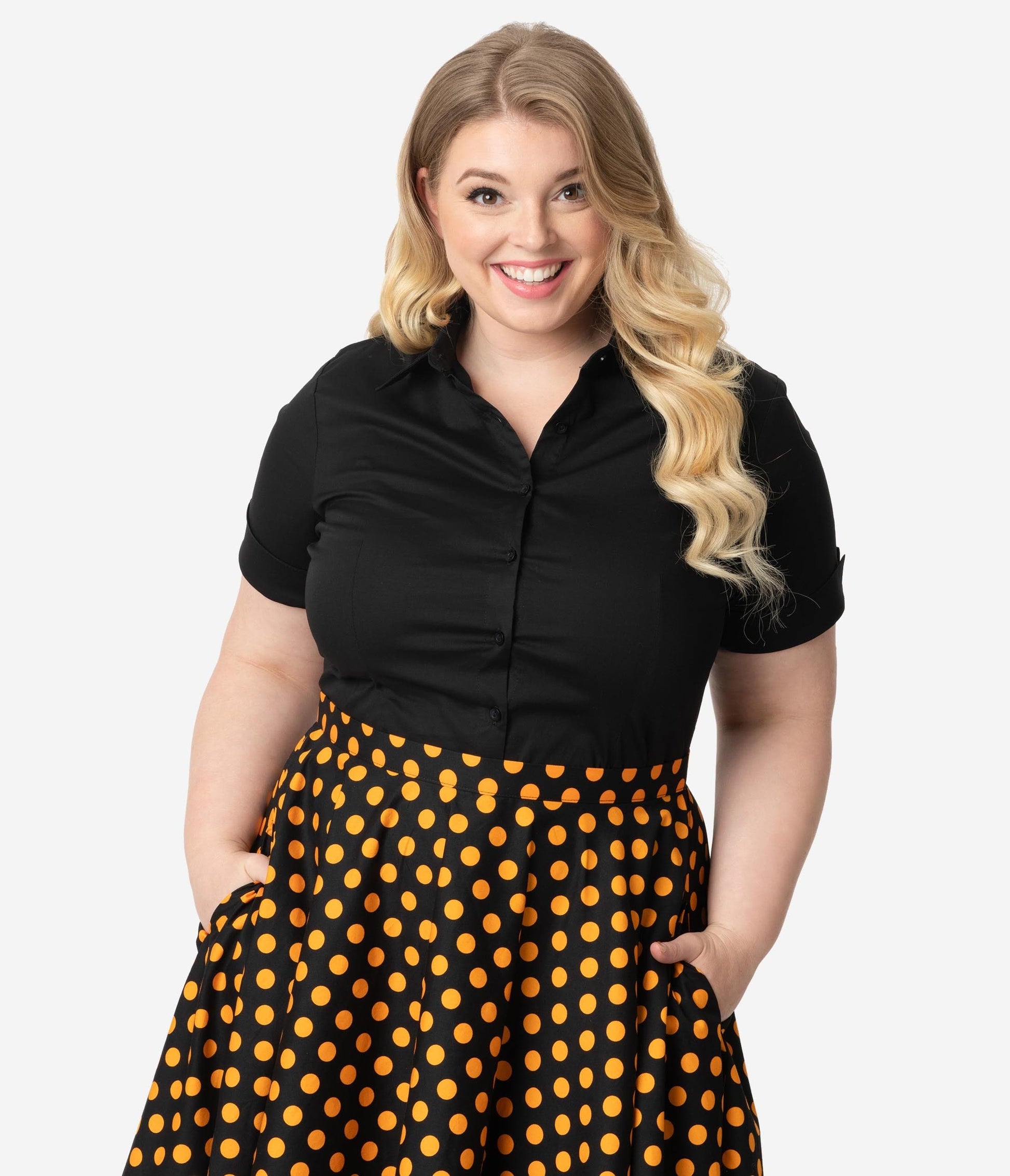 Plus Size Black Collared Short Sleeve Cotton Button Up Blouse