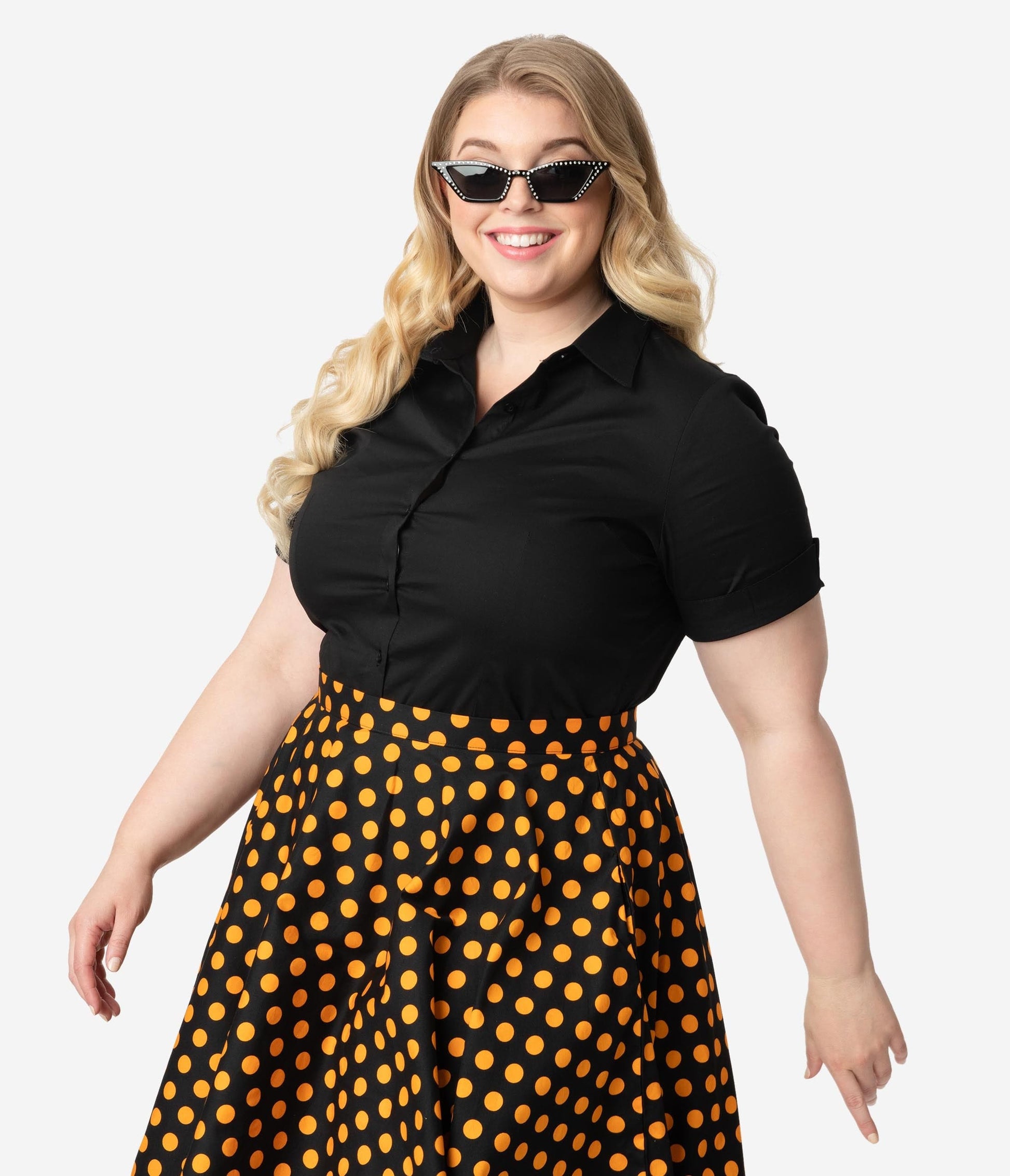 Plus Size Black Collared Short Sleeve Cotton Button Up Blouse