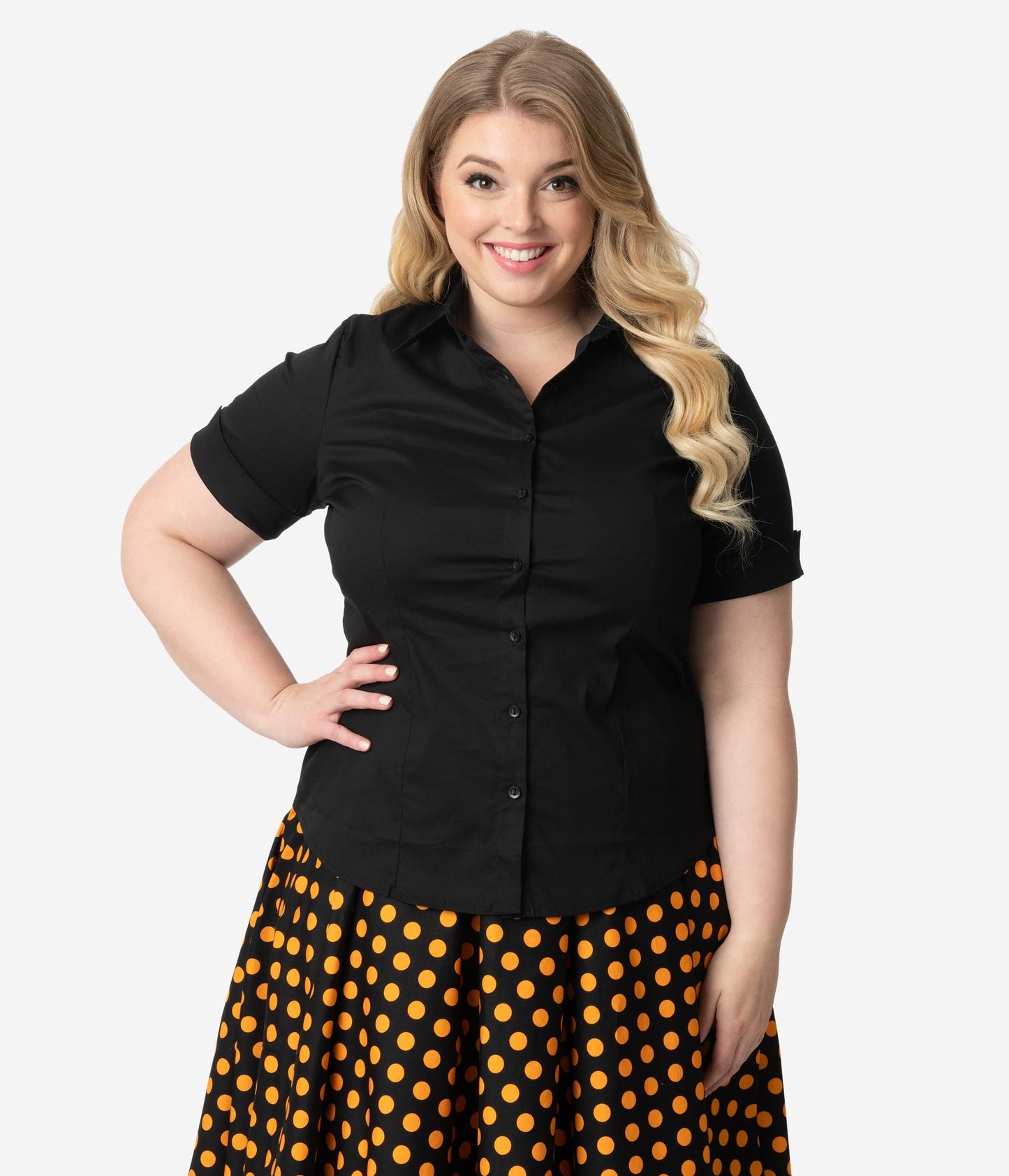 Plus Size Black Collared Short Sleeve Cotton Button Up Blouse