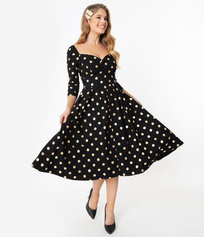 Unique Vintage 1950s Black & Gold Polka Dot Lamar Swing Dress