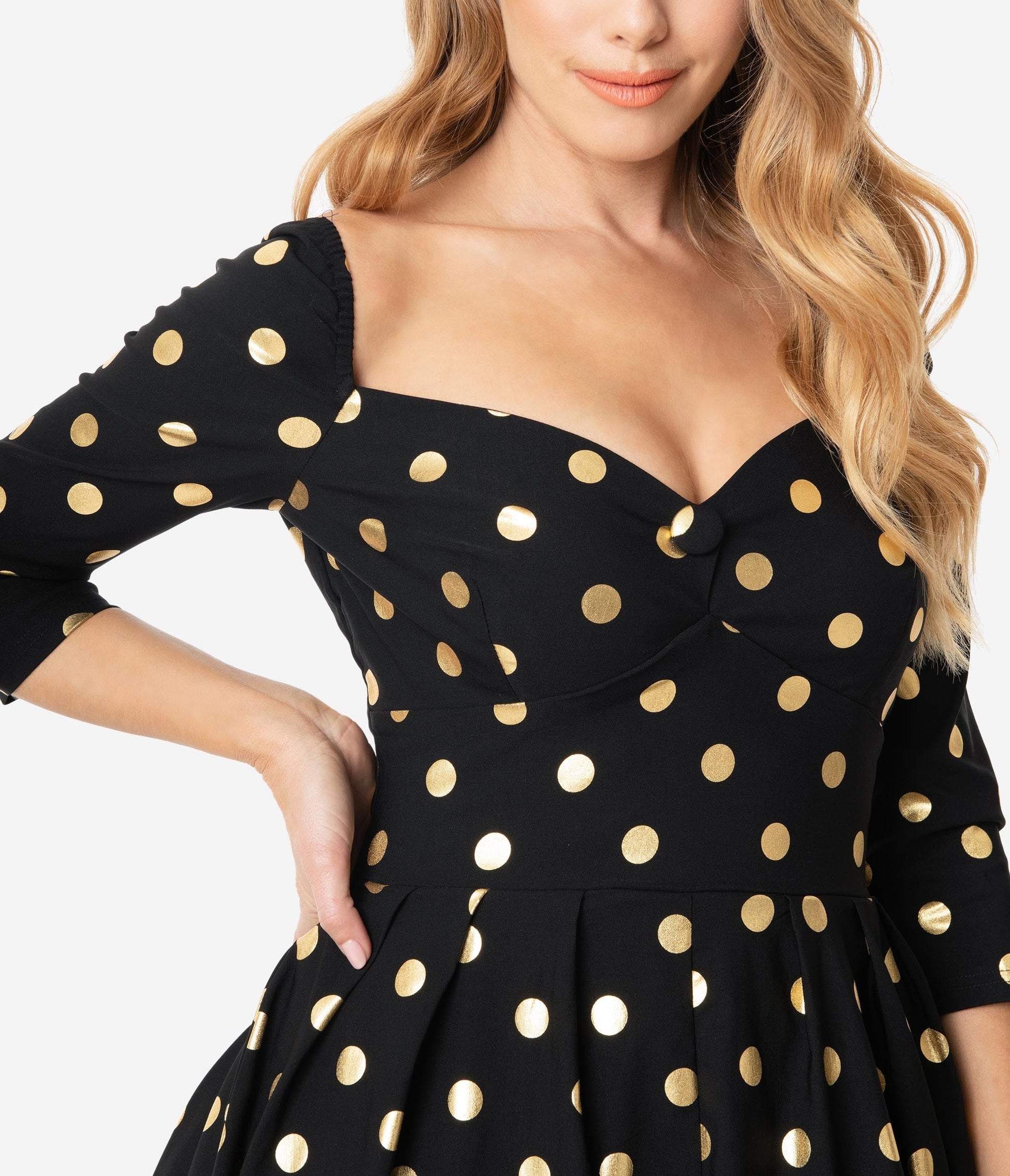 Unique Vintage 1950s Black & Gold Polka Dot Lamar Swing Dress