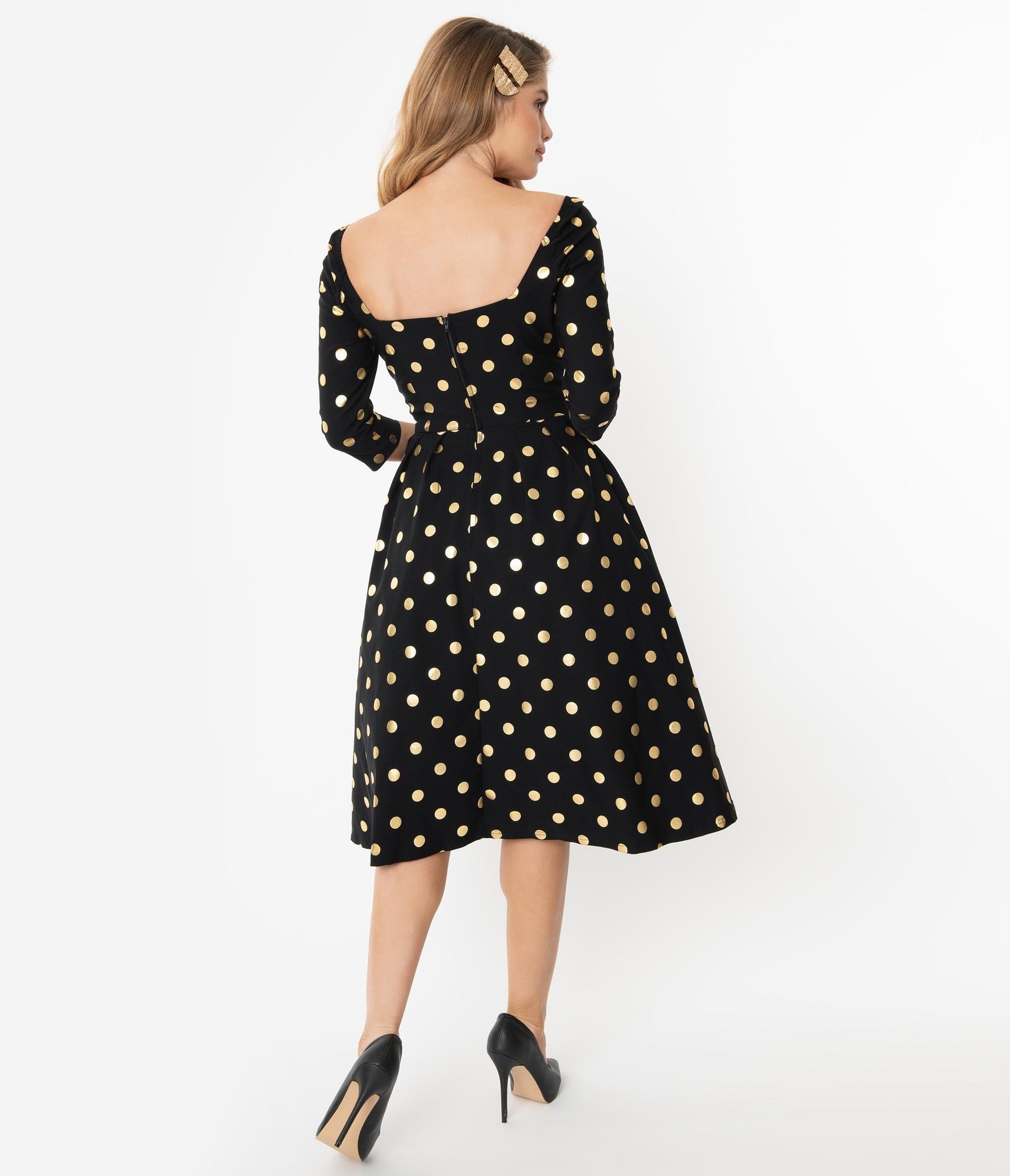 Unique Vintage 1950s Black & Gold Polka Dot Lamar Swing Dress