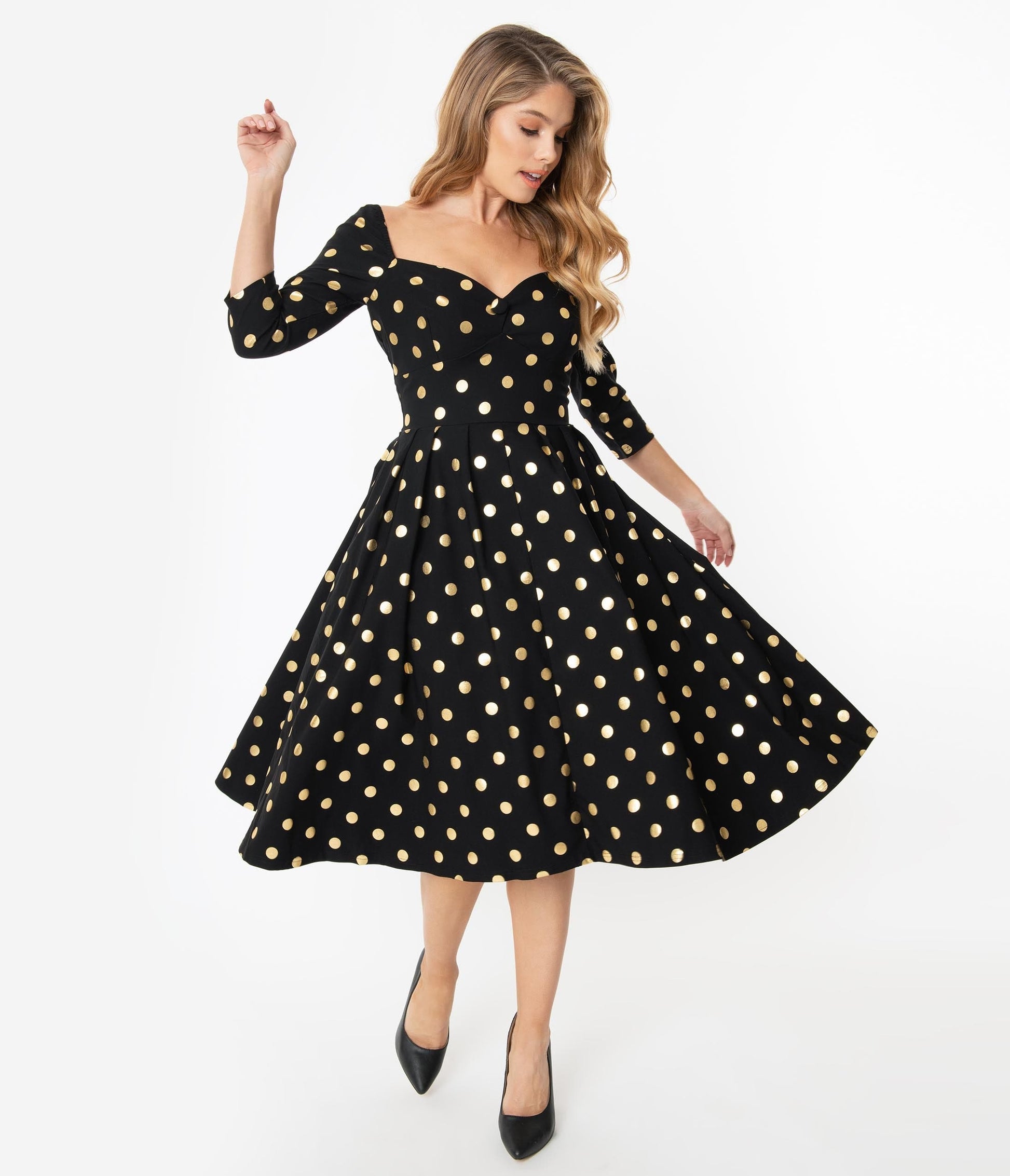 Unique Vintage 1950s Black & Gold Polka Dot Lamar Swing Dress