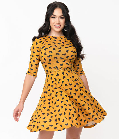 Unique Vintage Mustard & Black Hearts Stephanie Fit & Flare Dress