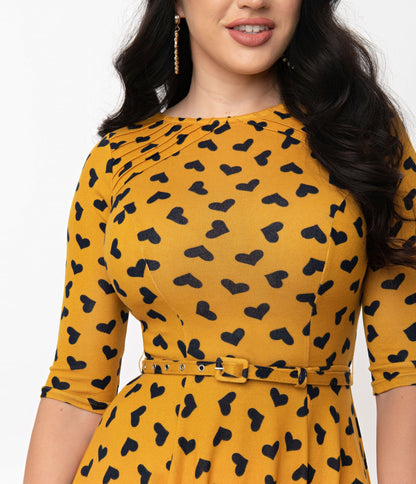 Unique Vintage Mustard & Black Hearts Stephanie Fit & Flare Dress