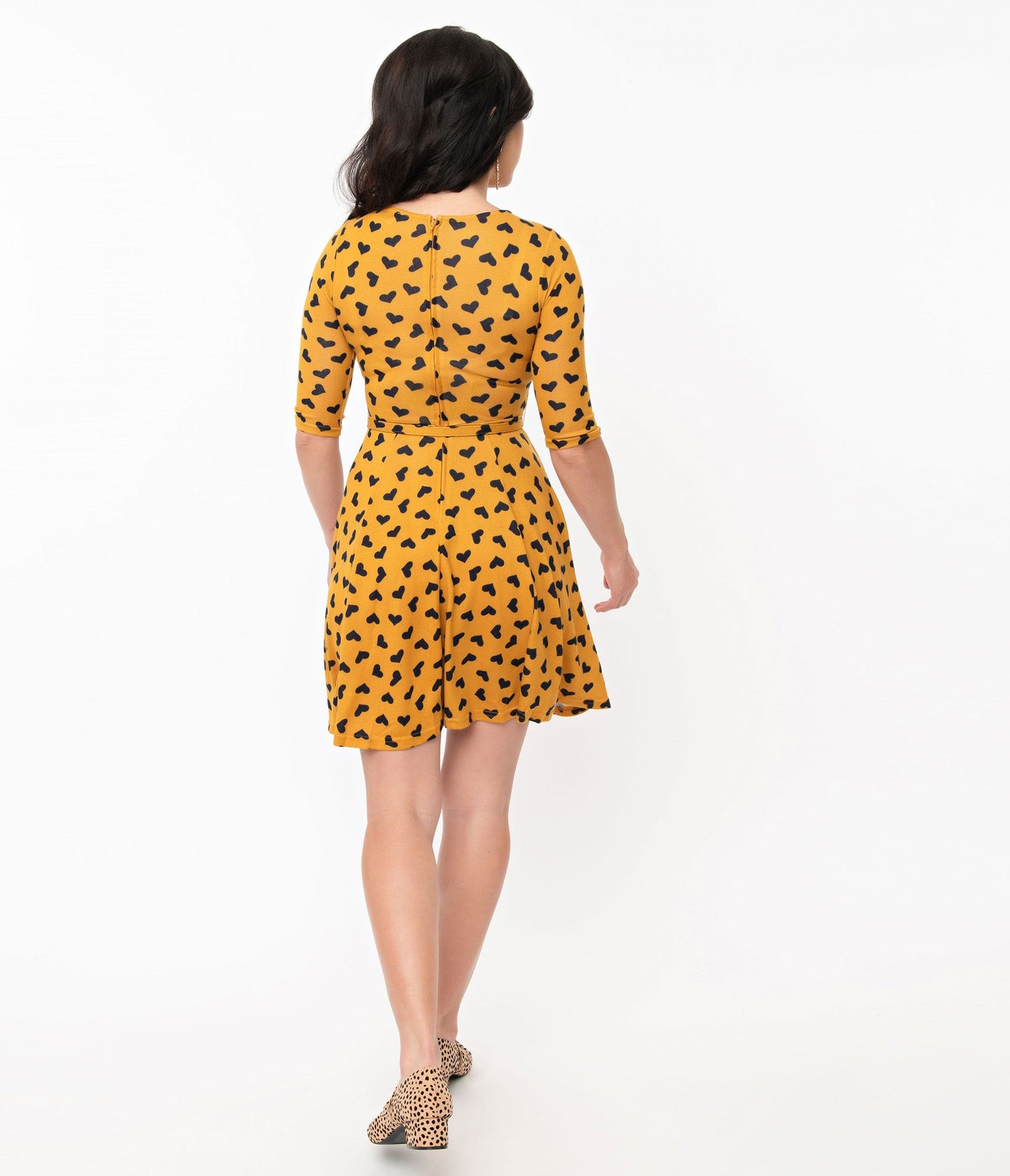 Unique Vintage Mustard & Black Hearts Stephanie Fit & Flare Dress