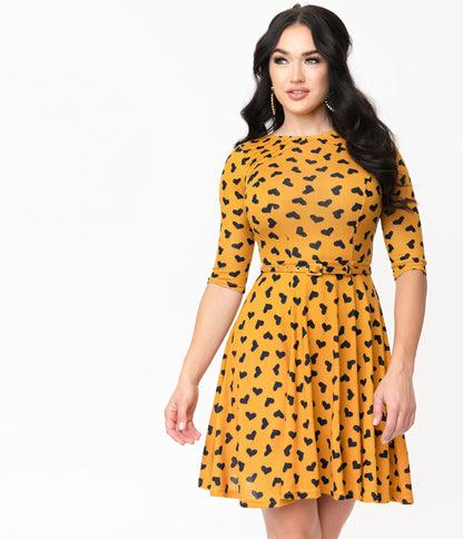 Unique Vintage Mustard & Black Hearts Stephanie Fit & Flare Dress