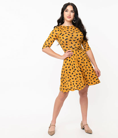 Unique Vintage Mustard & Black Hearts Stephanie Fit & Flare Dress