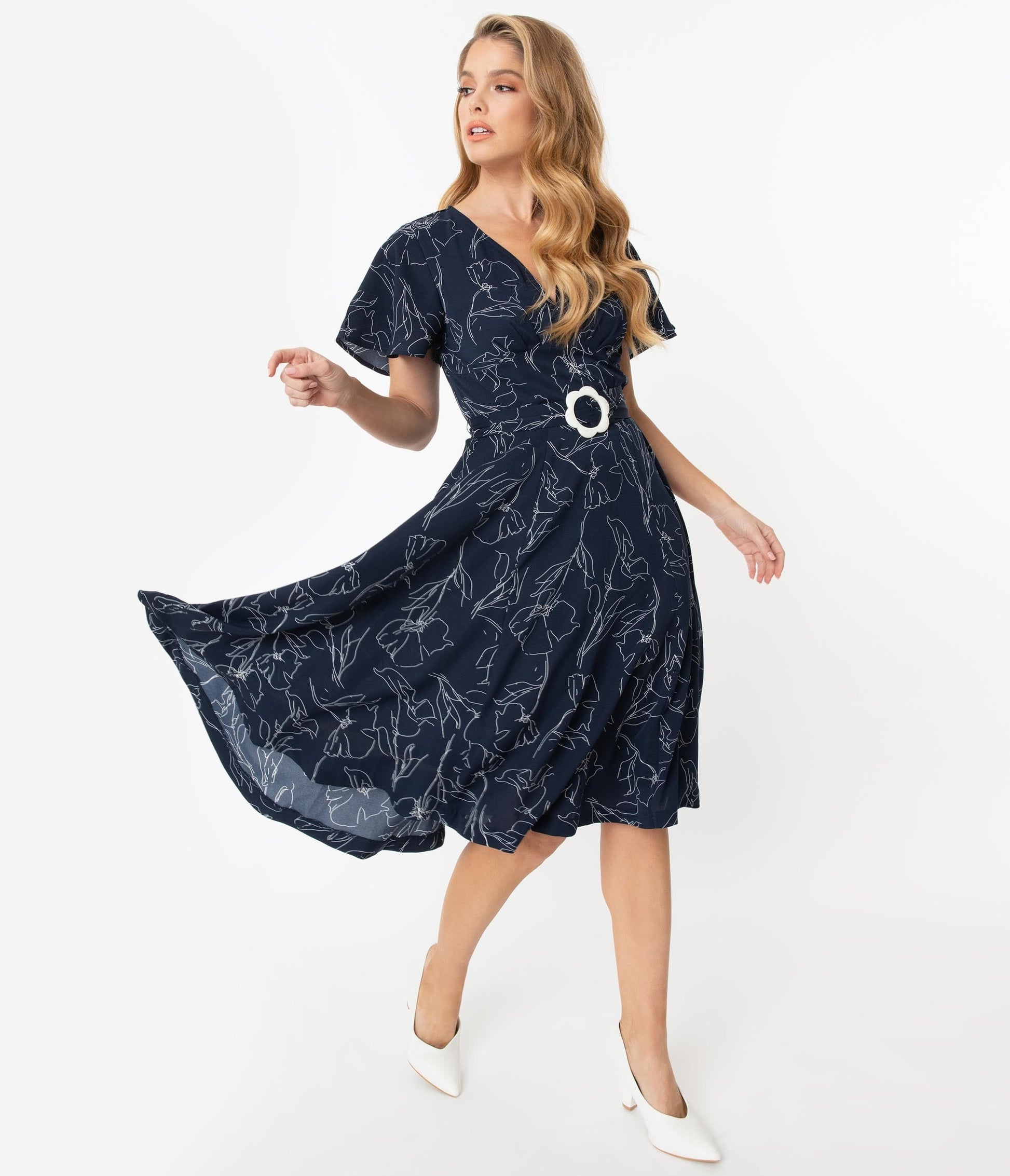 Unique Vintage Navy & White Floral Outline Kay Swing Dress