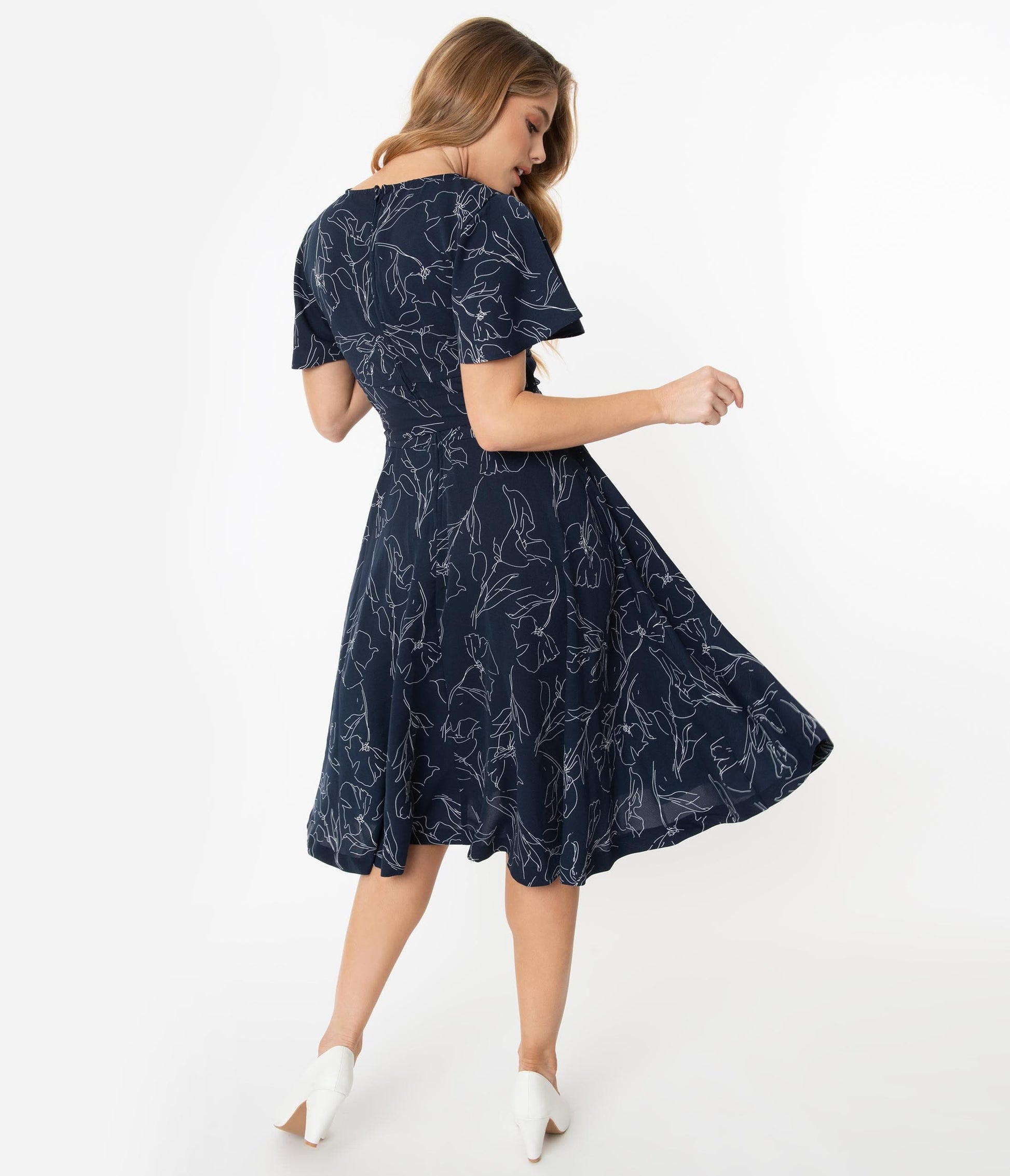 Unique Vintage Navy & White Floral Outline Kay Swing Dress