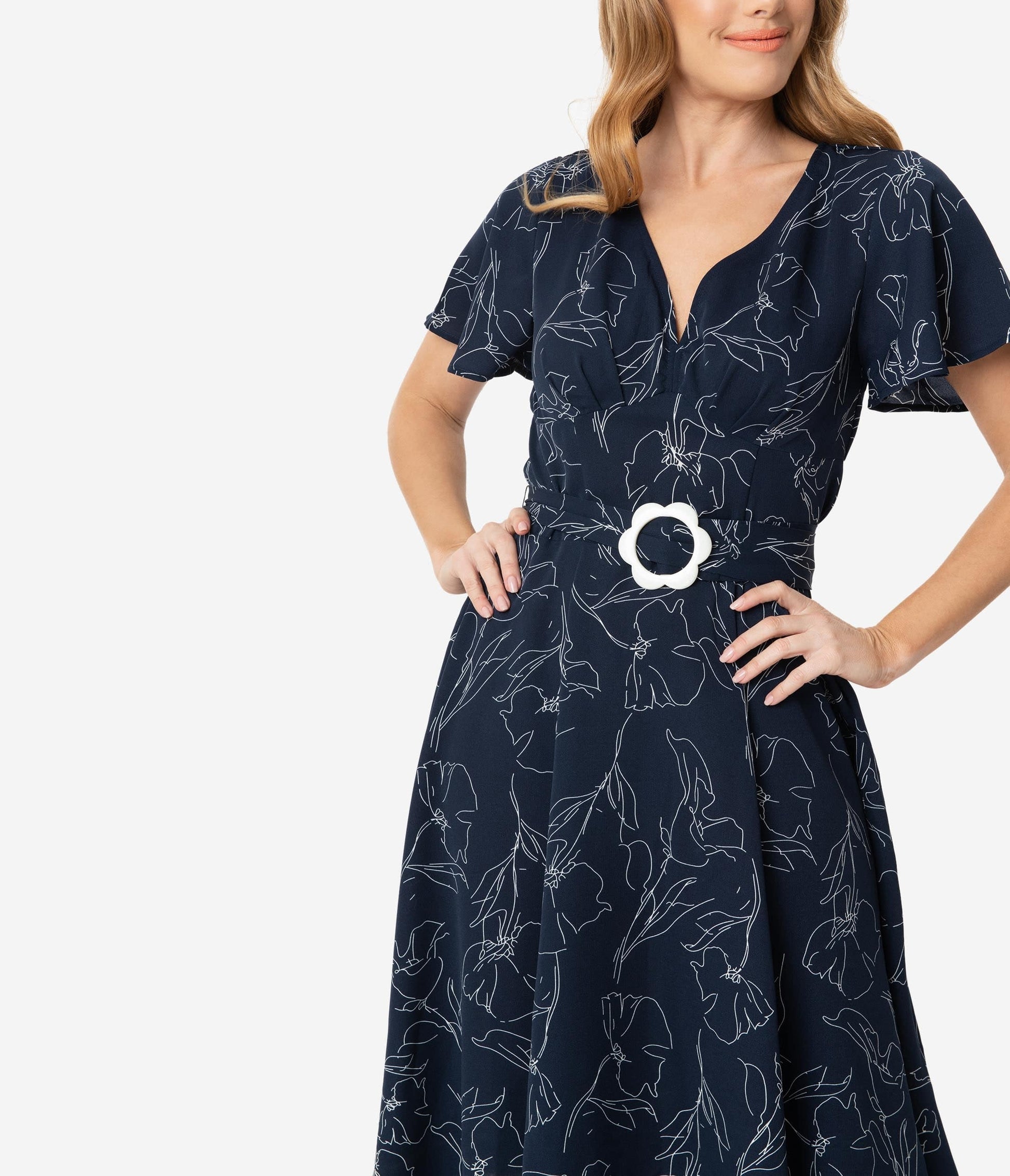 Unique Vintage Navy & White Floral Outline Kay Swing Dress