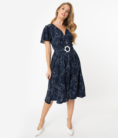Unique Vintage Navy & White Floral Outline Kay Swing Dress