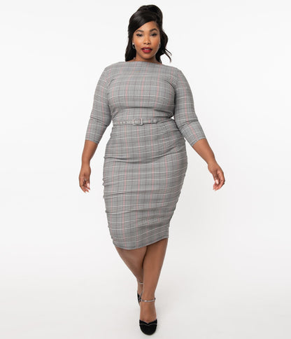 Unique Vintage Plus Size Glen Plaid Jaqueline Pencil Dress