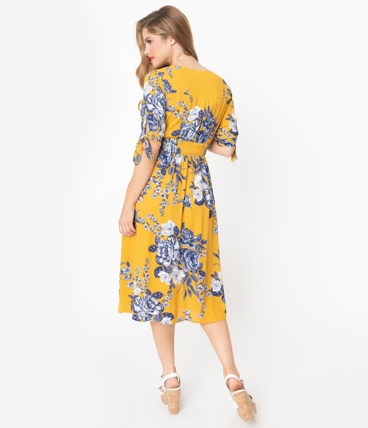 Mustard Yellow & Blue Floral Button Down Midi Dress