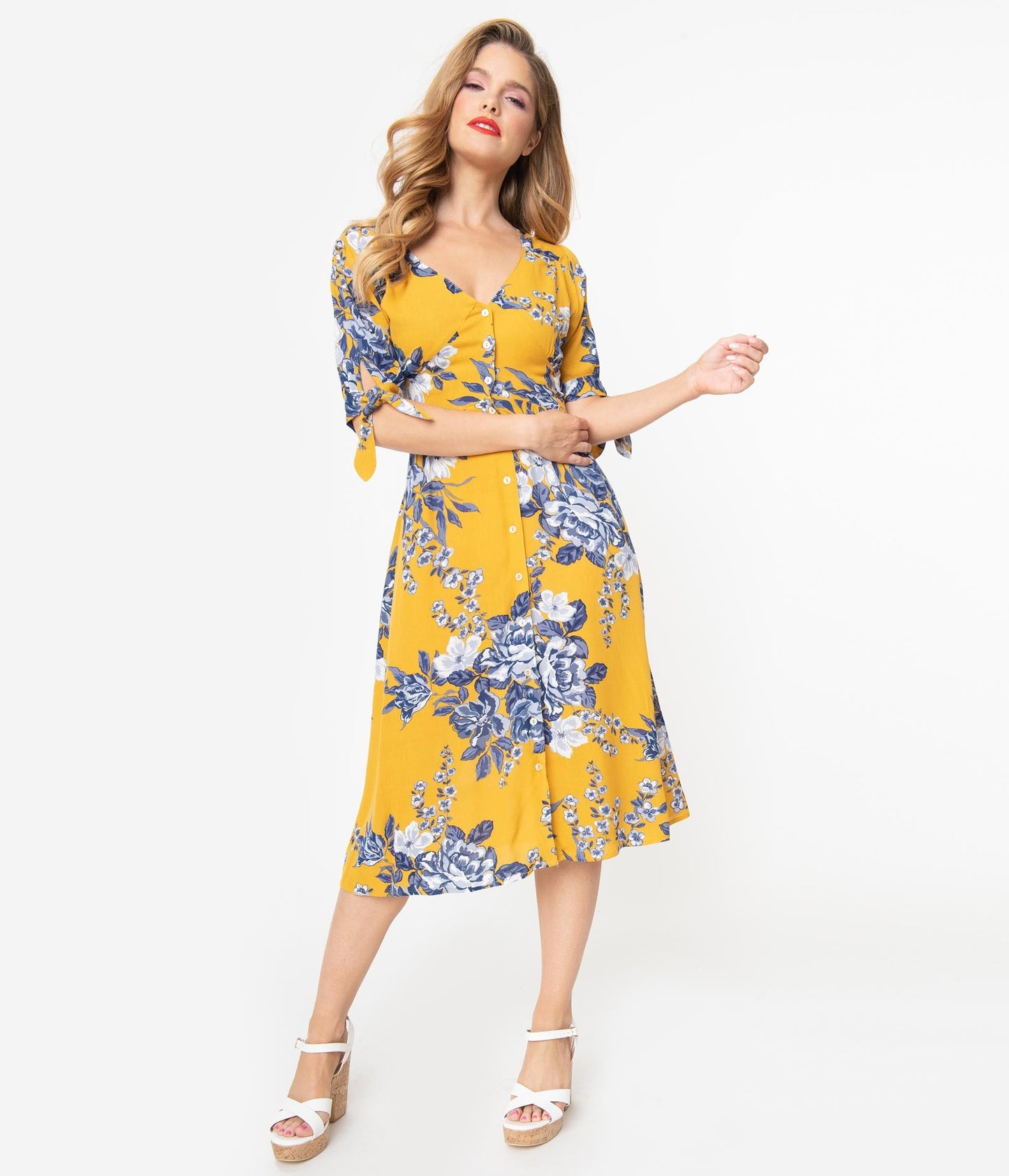 Mustard Yellow & Blue Floral Button Down Midi Dress