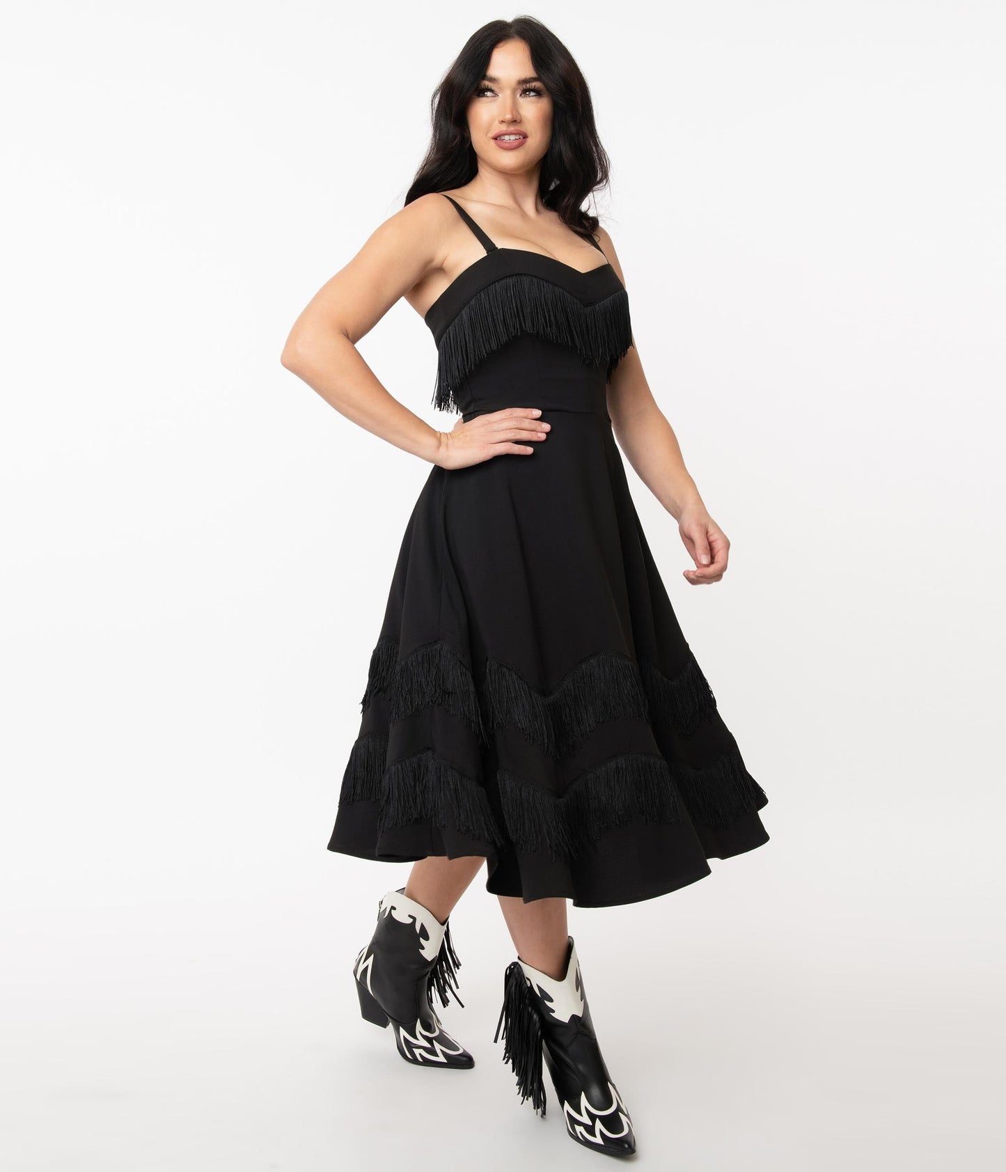 1950s Unique Vintage Black Fringe Girlie Swing Dress
