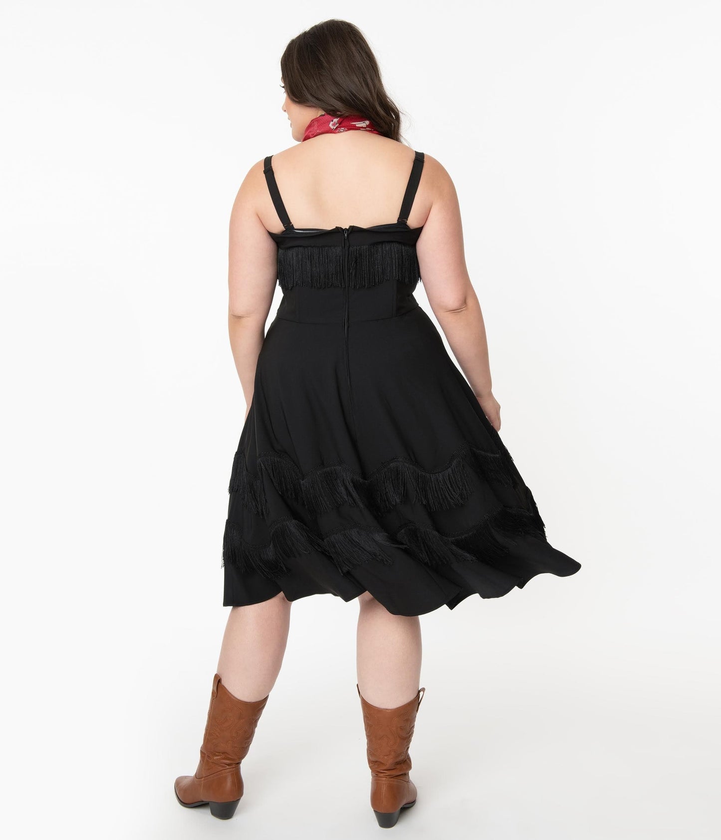 Unique Vintage Plus Size 1950s Black Fringe Girlie Swing Dress