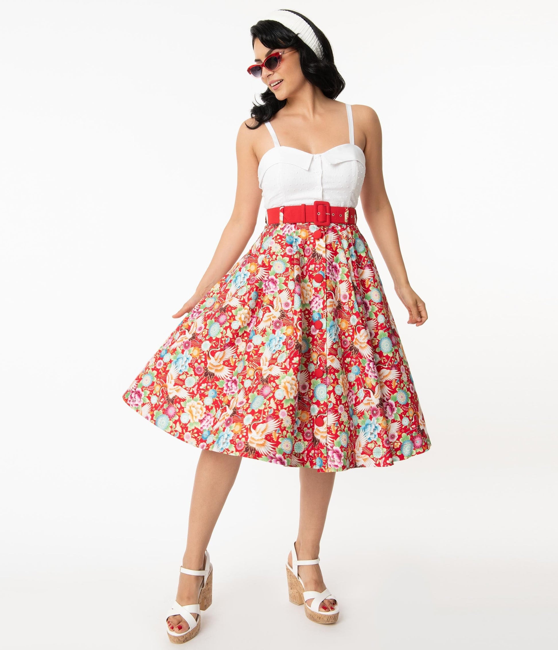 Unique Vintage Red & Multicolor Print Waikiki Swing Skirt