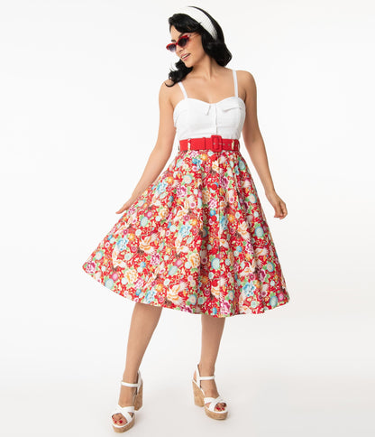 Unique Vintage Red & Multicolor Print Waikiki Swing Skirt