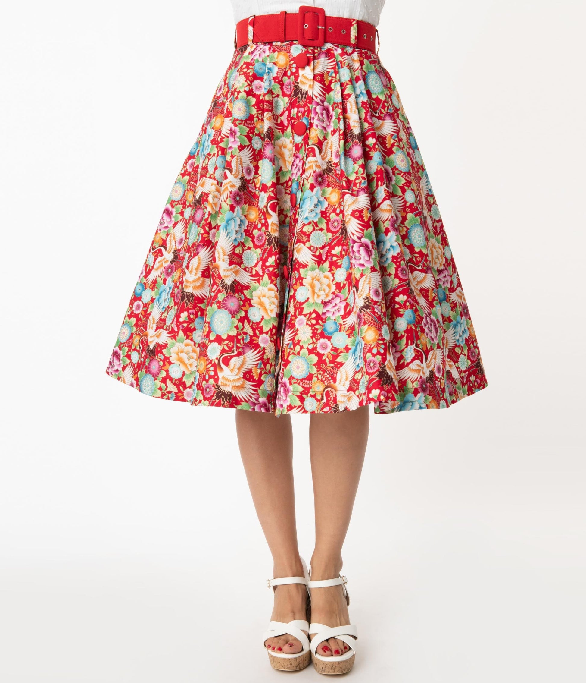 Unique Vintage Red & Multicolor Print Waikiki Swing Skirt