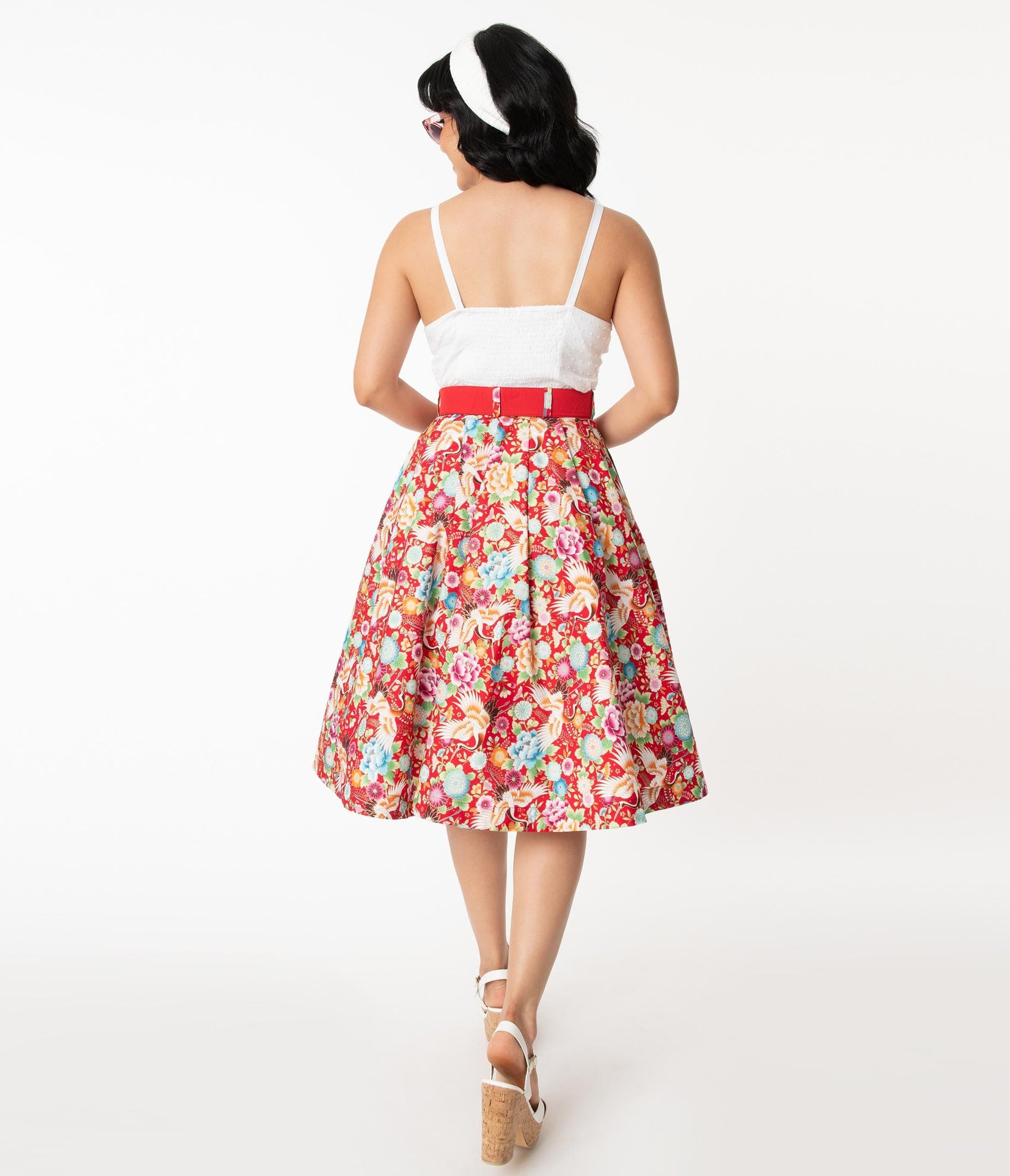 Unique Vintage Red & Multicolor Print Waikiki Swing Skirt