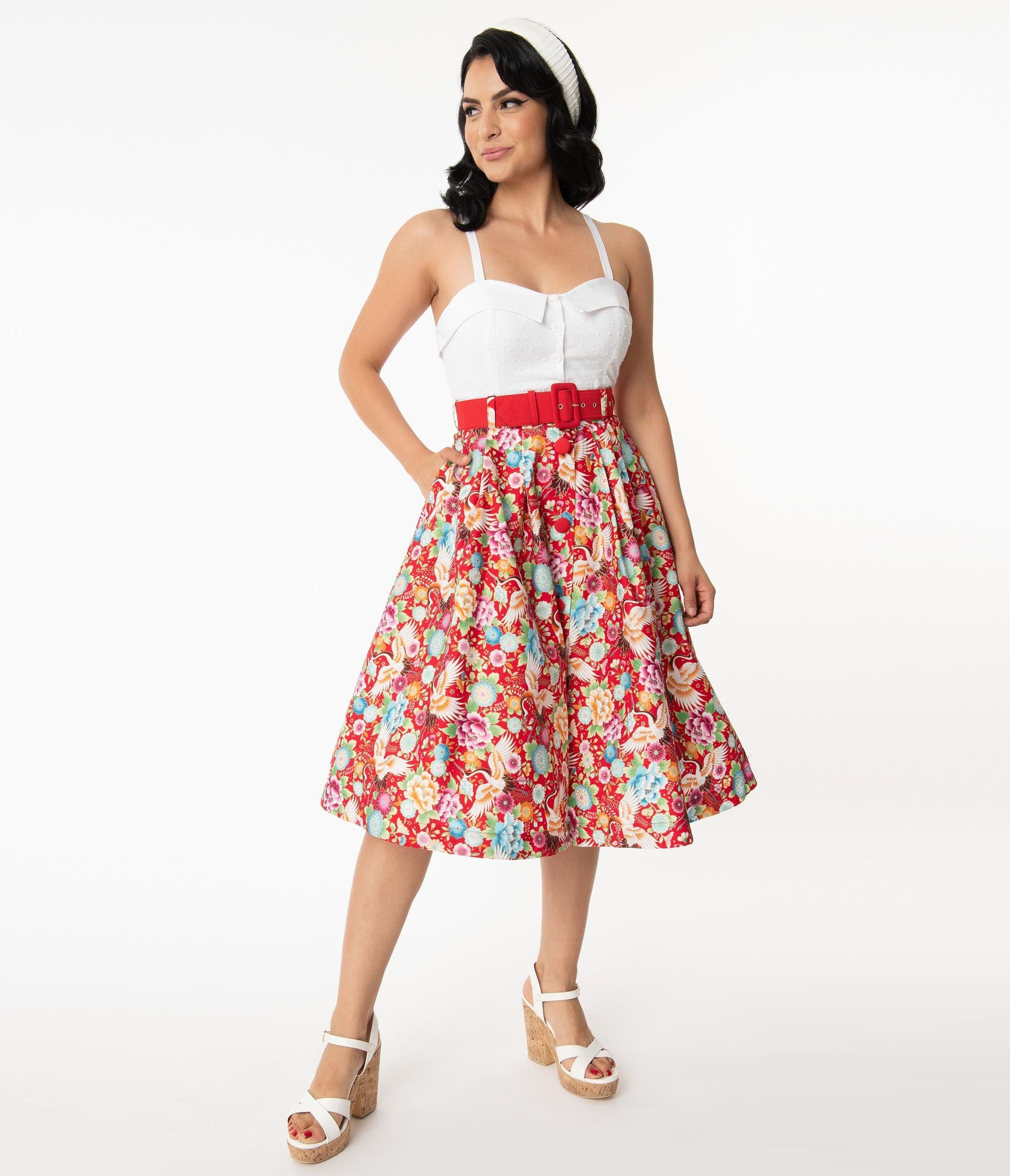Unique Vintage Red & Multicolor Print Waikiki Swing Skirt
