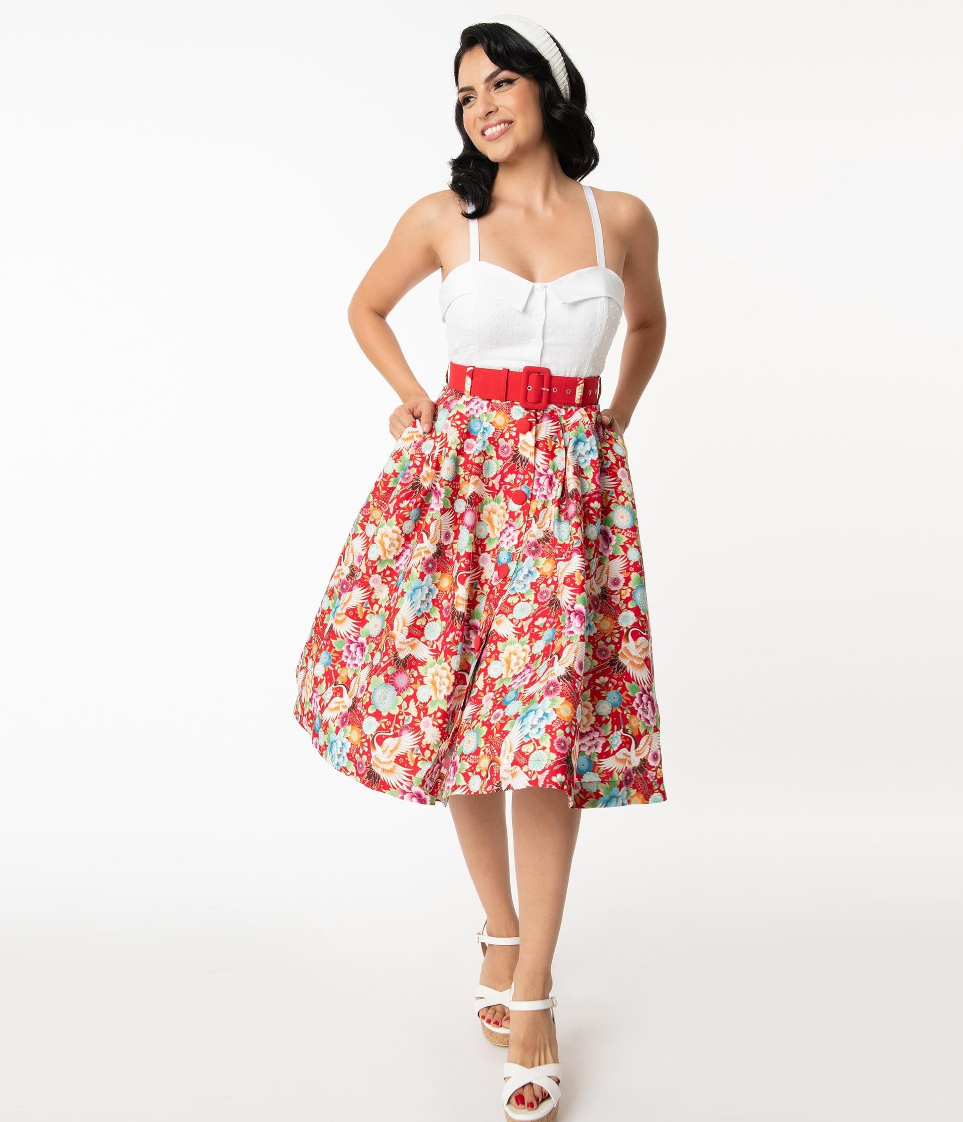 Unique Vintage Red & Multicolor Print Waikiki Swing Skirt