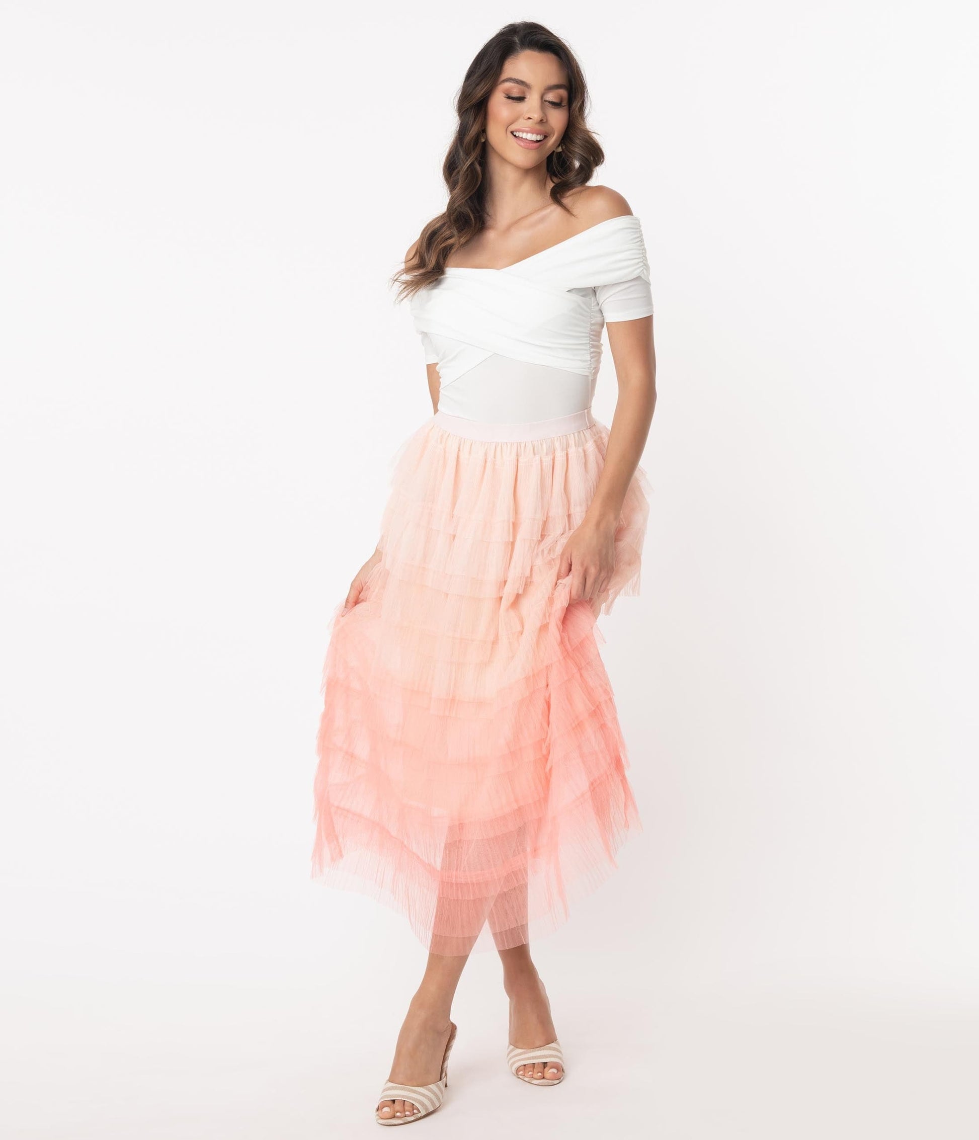 Pink Tiered Ombre Tulle Midi Skirt