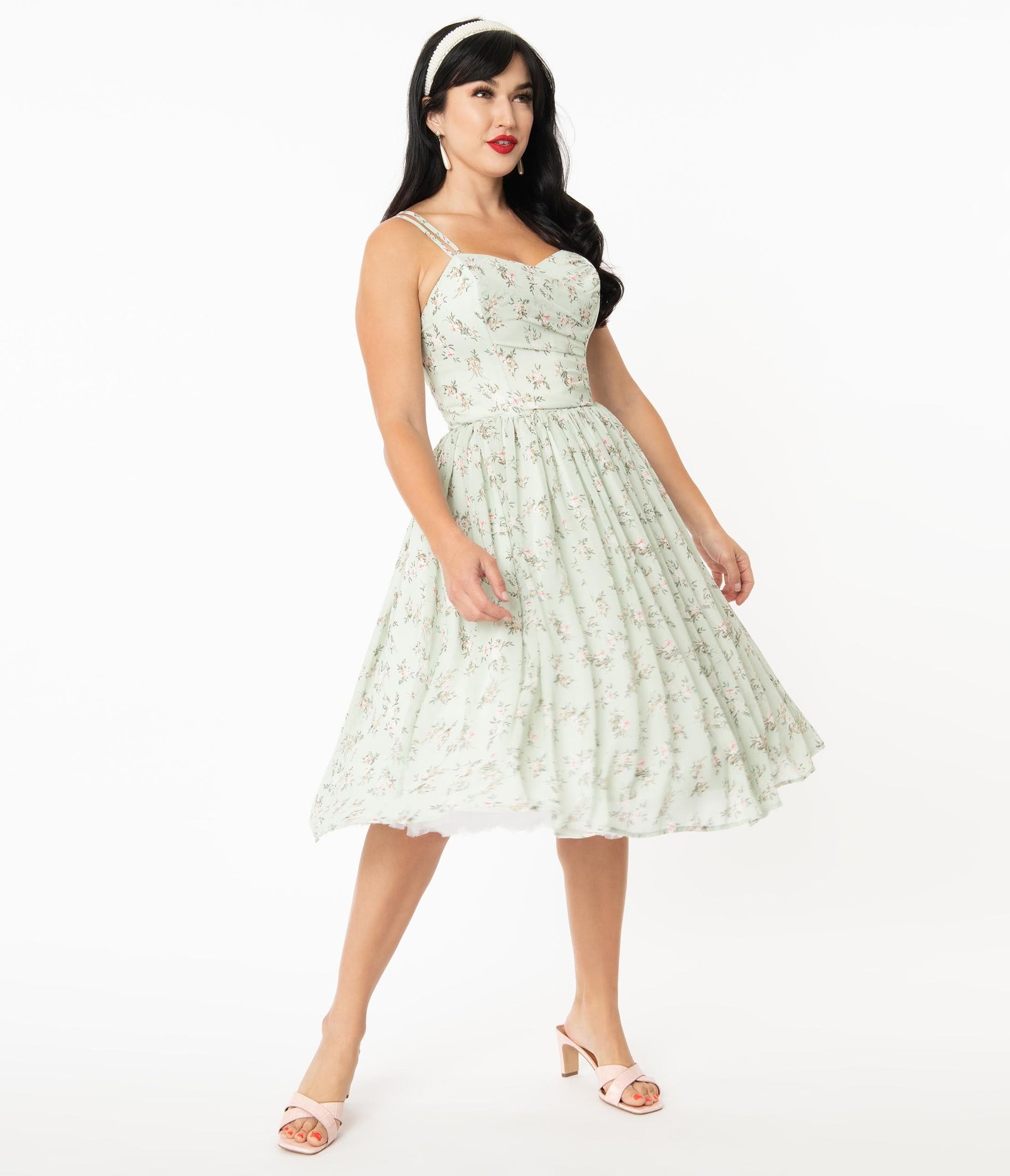 Unique Vintage Mint & Ivory Floral Reed Swing Dress