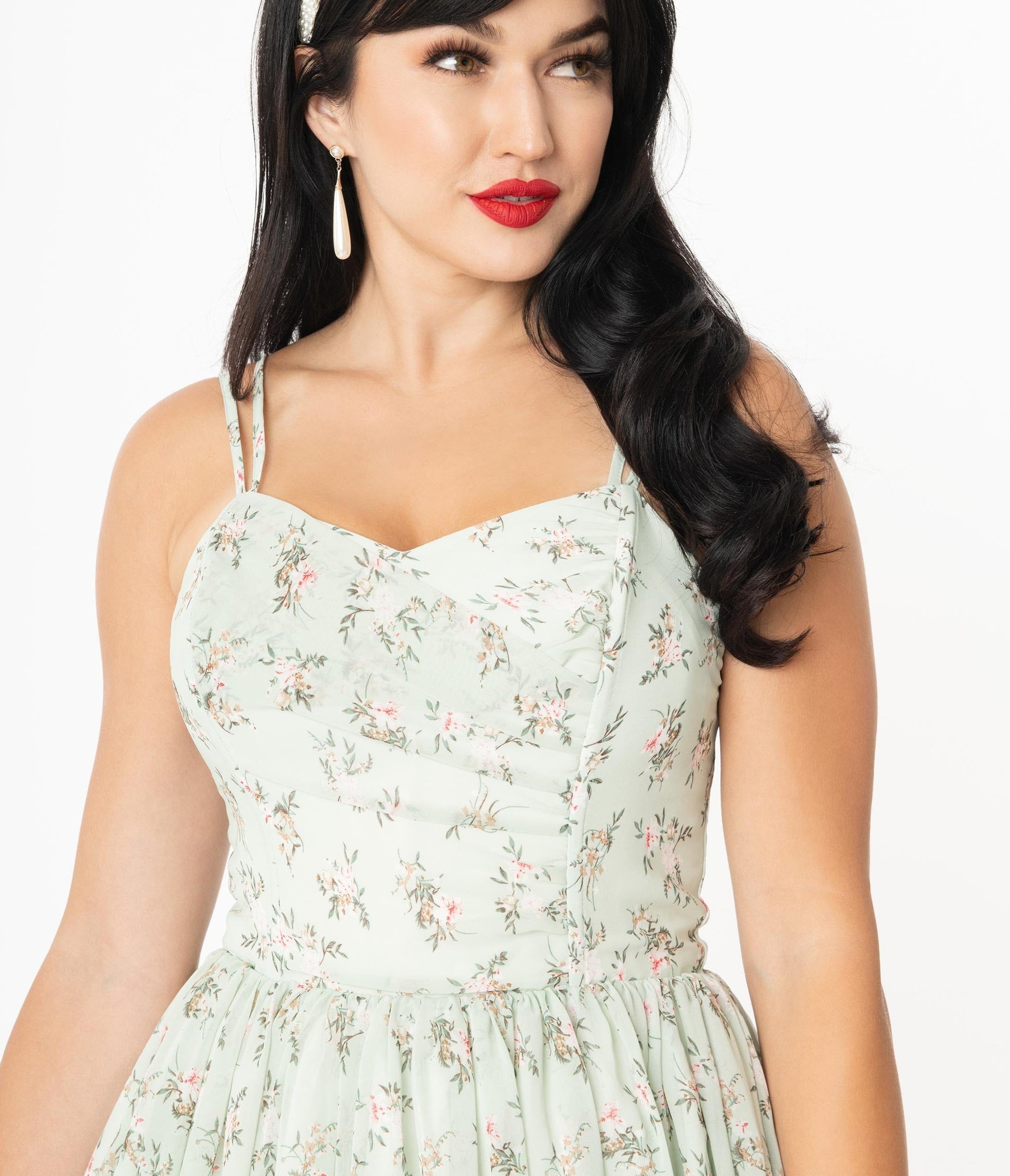 Unique Vintage Mint & Ivory Floral Reed Swing Dress