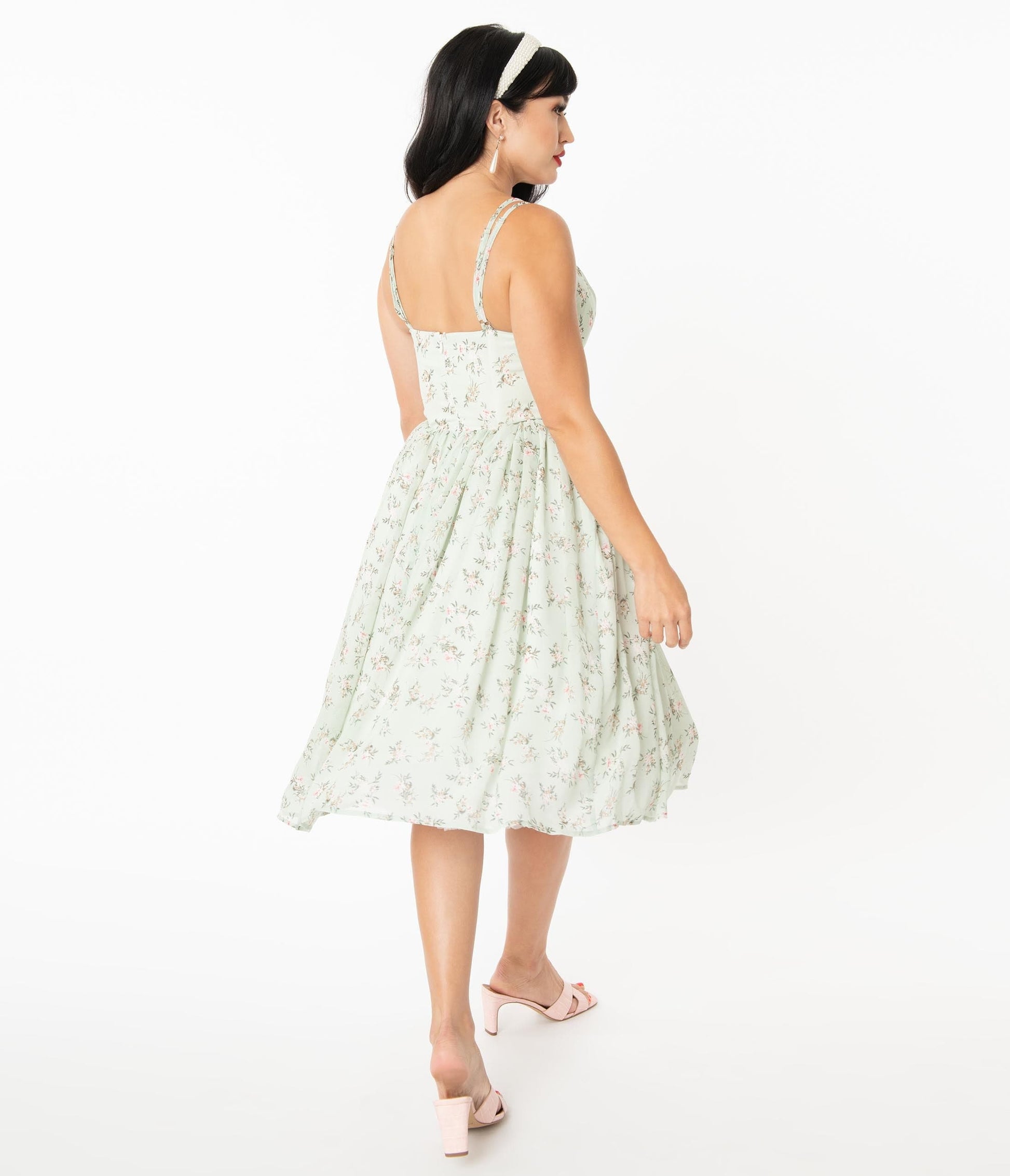 Unique Vintage Mint & Ivory Floral Reed Swing Dress