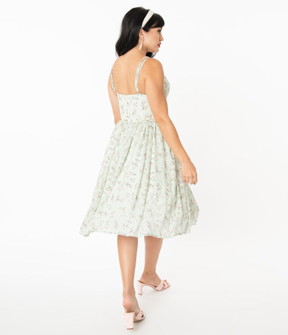 Unique Vintage Mint & Ivory Floral Reed Swing Dress