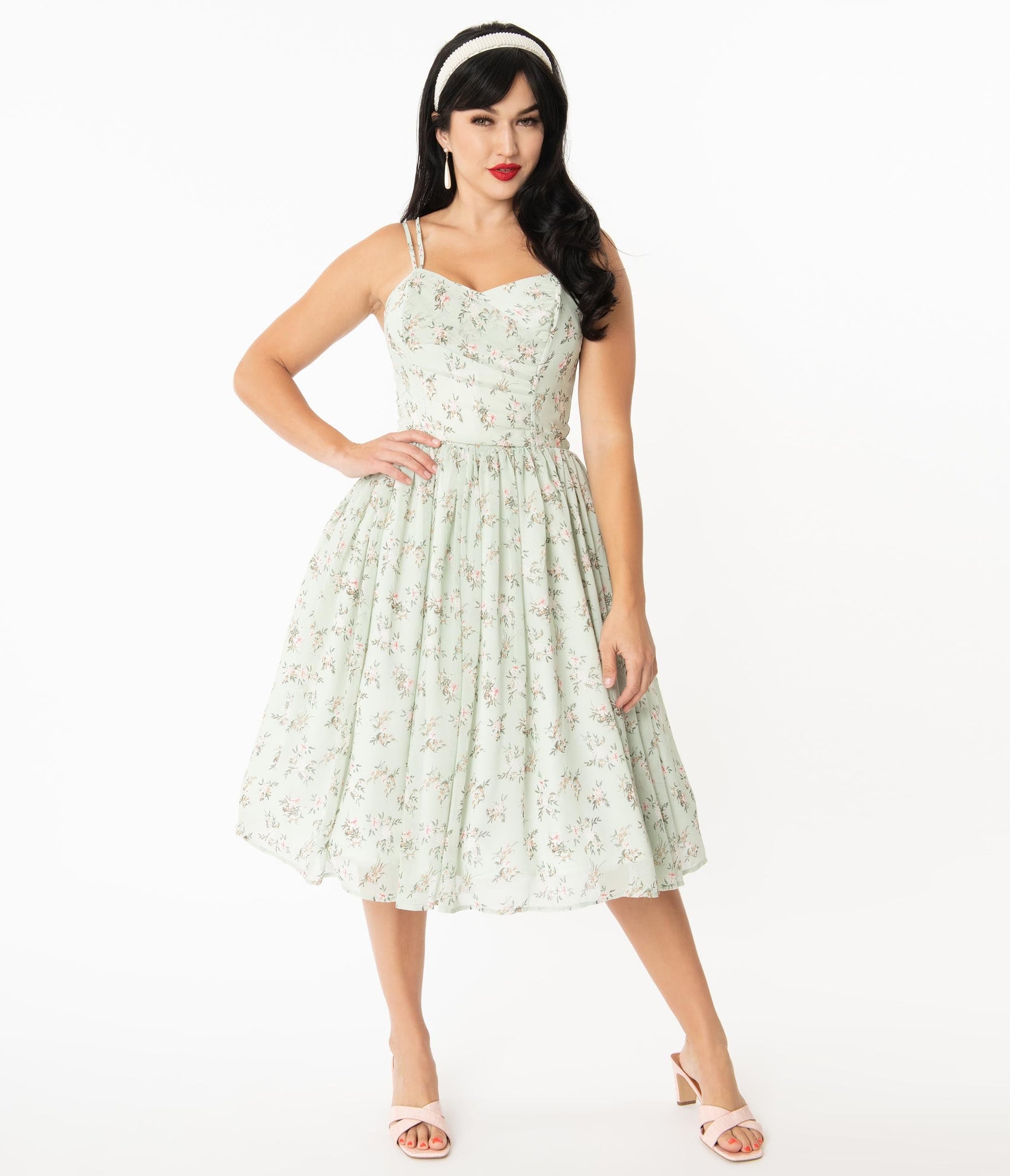 Unique Vintage Mint & Ivory Floral Reed Swing Dress