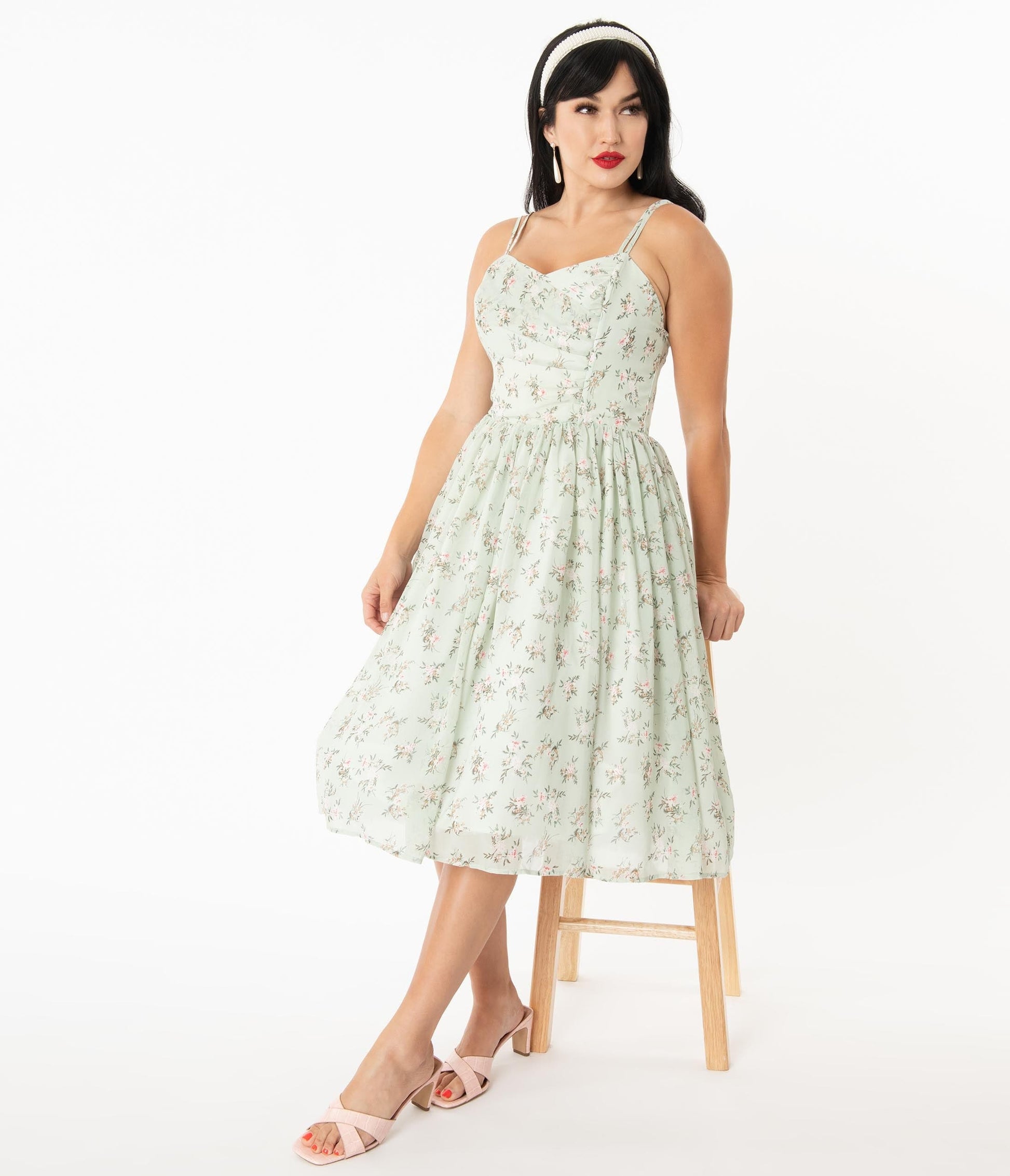 Unique Vintage Mint & Ivory Floral Reed Swing Dress